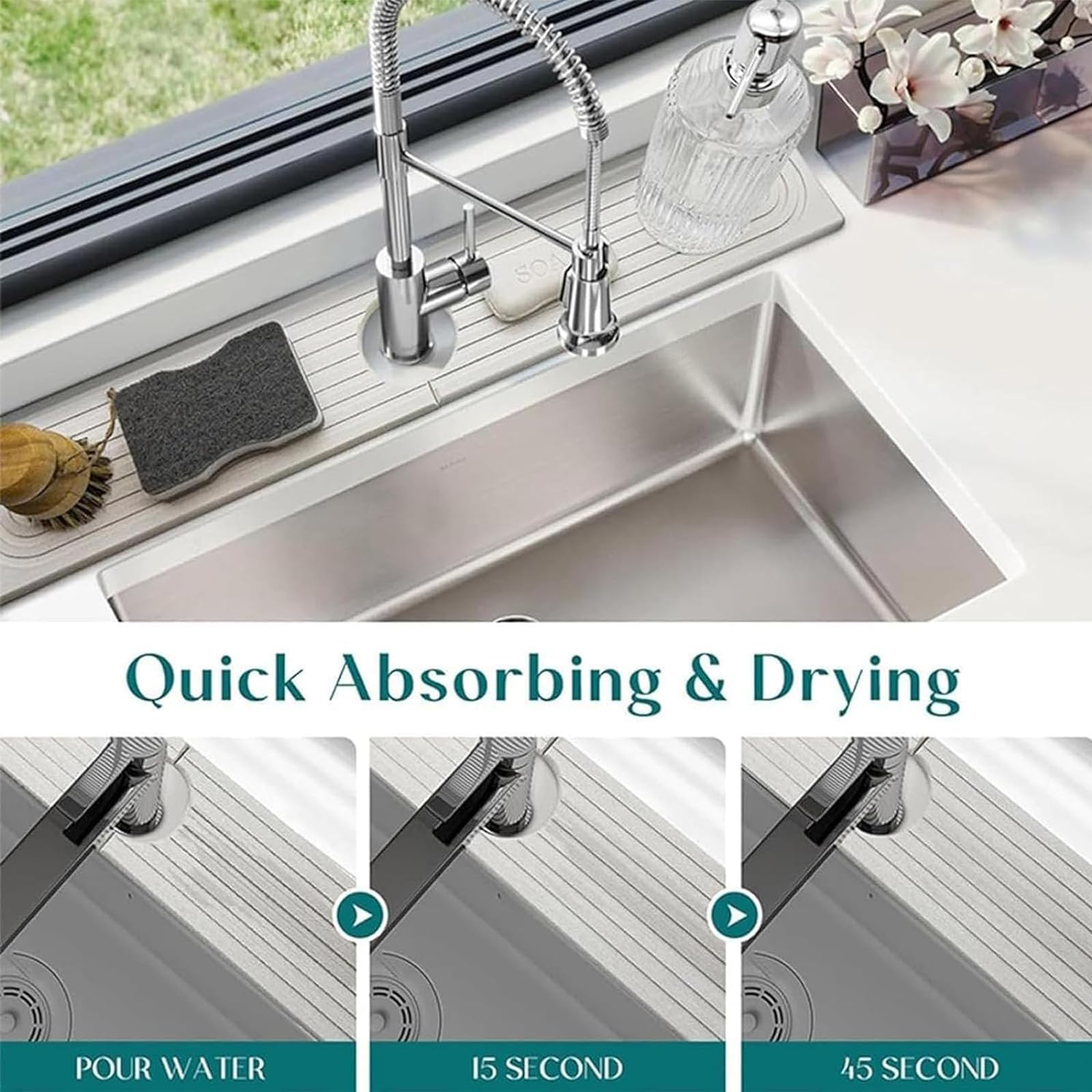 Kitchen Sink Faucet Mat – Keeps Counter Dry, Dark Grey, 23.6'' X 4'' Splash Guard & Organizer