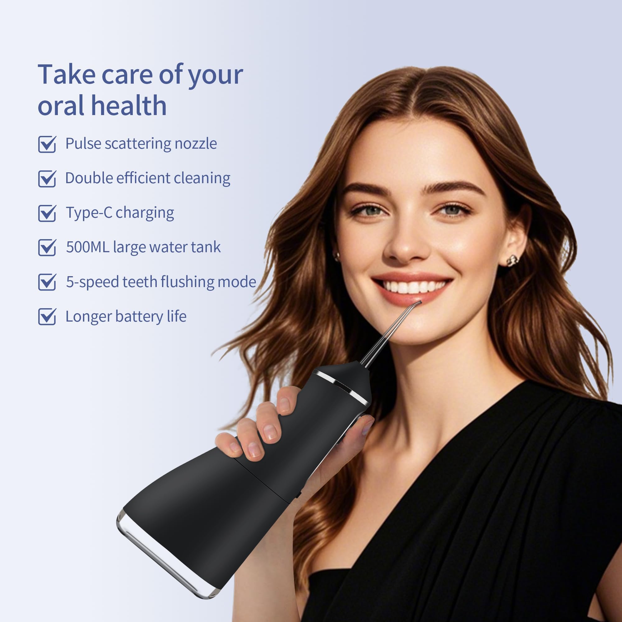 Irrigador dental de agua inalámbrico, 500 ml, irrigador oral portátil para dientes, 5 modos y 4 puntas de chorro, IPX7 impermeable, recargable para 30 días de uso, hogar, viajes, aparatos