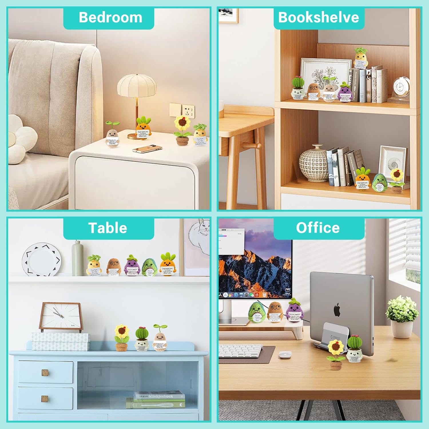 YUELE Mini Crochet Gift Set, Emotional Support Dolls, 9PCS Cute Funny Handmade Vegetables and Plants with approving Card, Encouragement Birthday Gift for Friends Room Decor