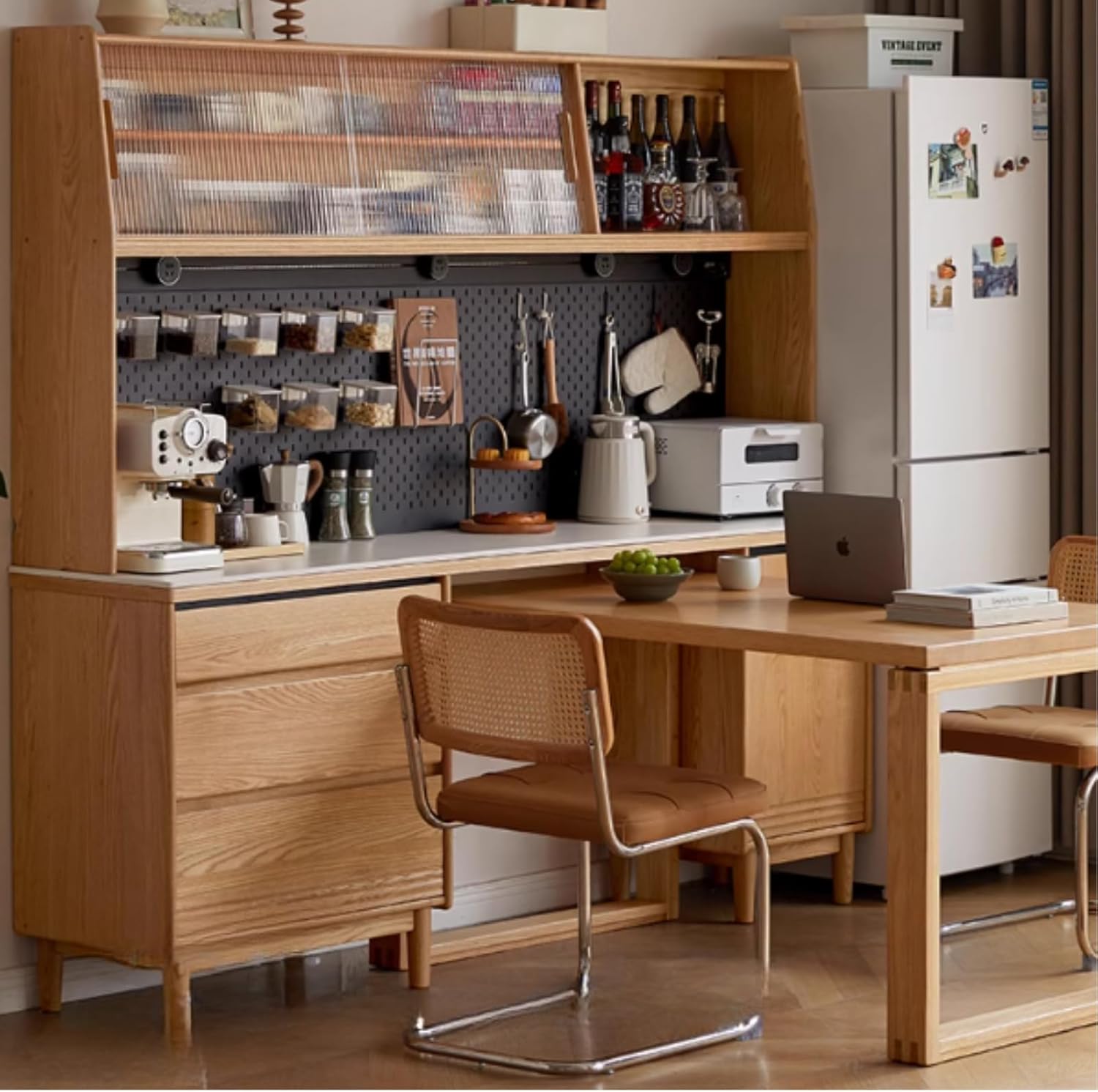 GVAwood Oak, Ash Solid Wood Modern Rock Board Sideboard 59.2x17.7x33.5 inch / 150.4x45x85 cm/Natural Wood Color/Ash White Rock Board Sideboard