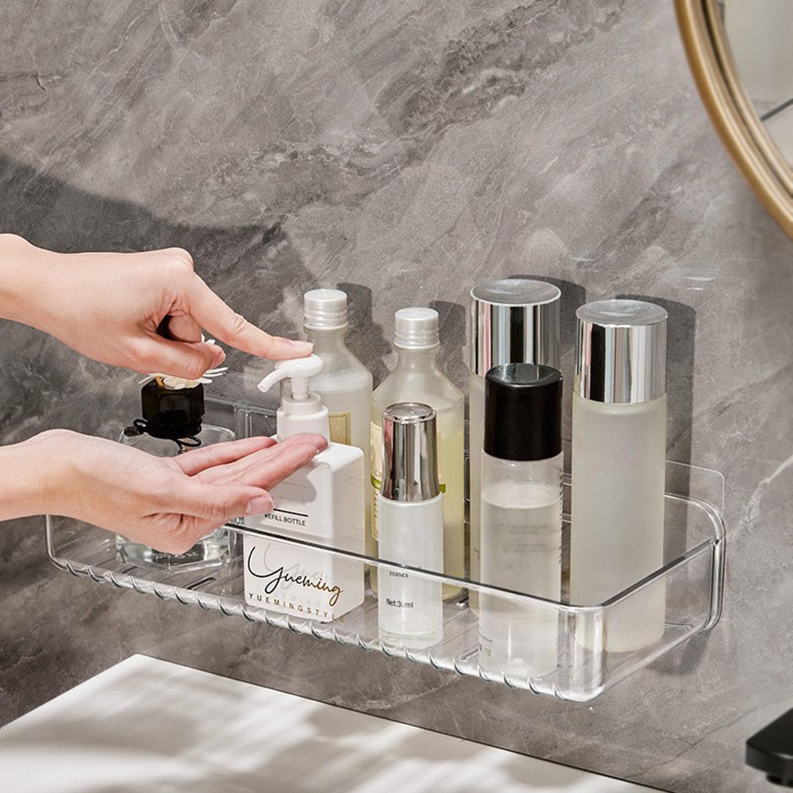 Veefos 1-Pack Hanging Shower Caddy Adhesive Shower Shelf Wall Mounted Bathroom Organizer Clear Floating Shelves for Makeup Basket