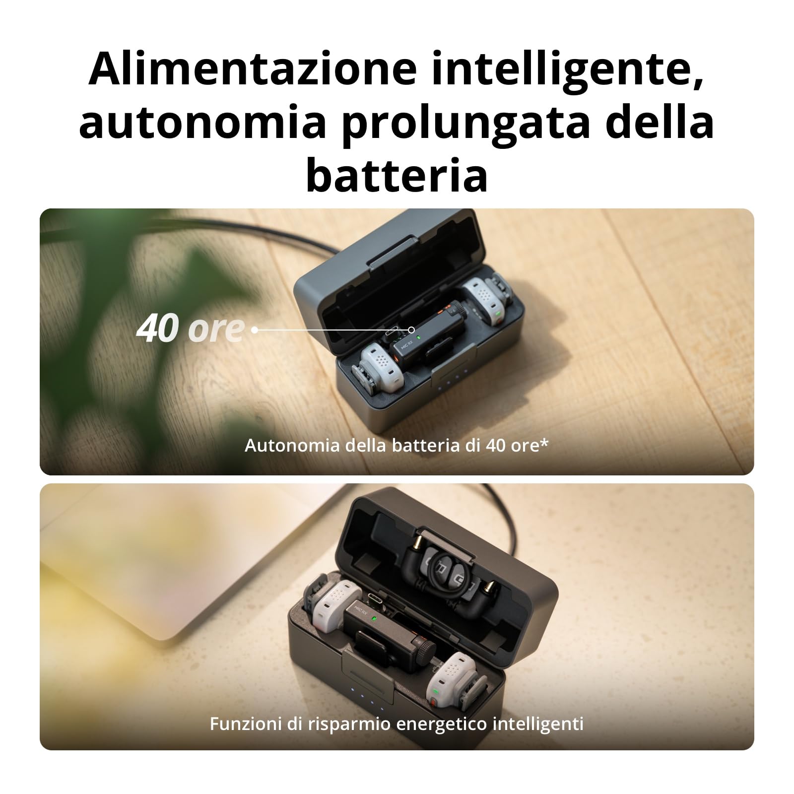 DJI Mic Mini 2S (2 TX + 1 RX + custodia di ricarica), riduzione rumore IA | Microfono Bluetooth, 28 ore di archiviazione interna, registrazione interna in float a 32 bit, leggero e compatto
