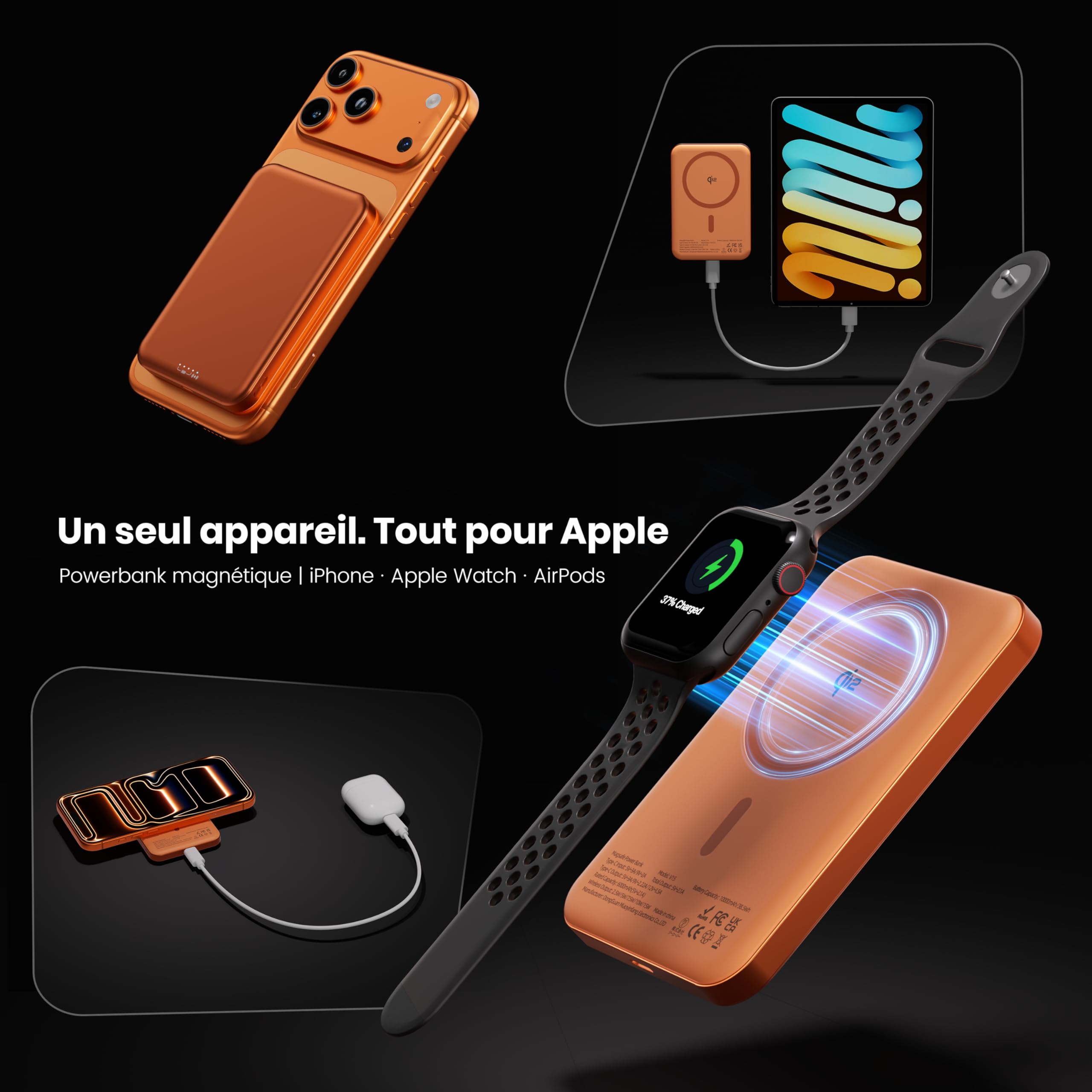 PD20W Batterie externe magnétique 10 000 mAh, design titane ultra fin, 14 mm, chargeur portable sans fil avec entrée et sortie USB-C, compatible avec iPhone 17/16/15/14/13/12 Series et Apple Watch