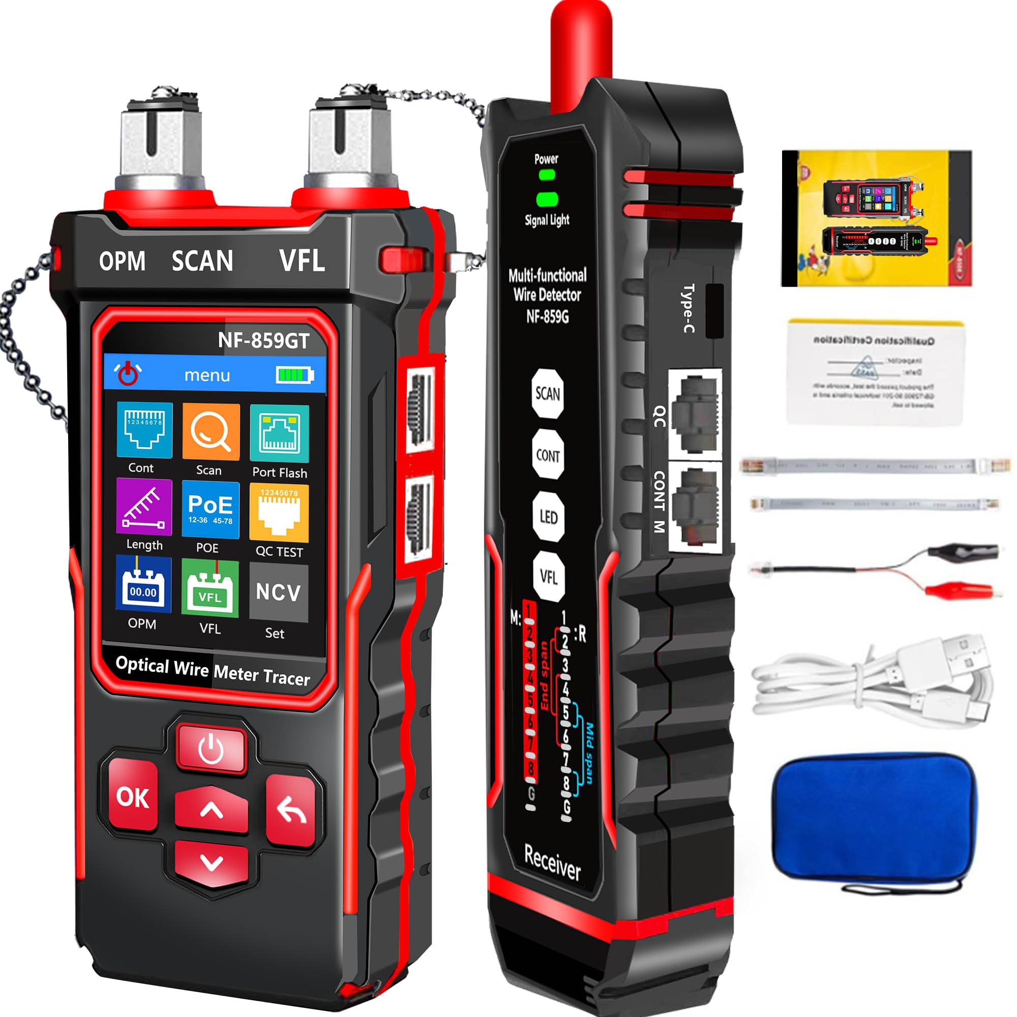 Netzwerk-Kabeltester mit optischem Leistungsmesser für RJ45,RJ11,CAT5,CAT6 | Telefonleitungen, CAT3, LAN-Tonprüfer-Kit,Ethernet-Kabeltester,Glasfasertester, VFL,PoE,QC-Test, Kabelsucher NF-859GT YILTION