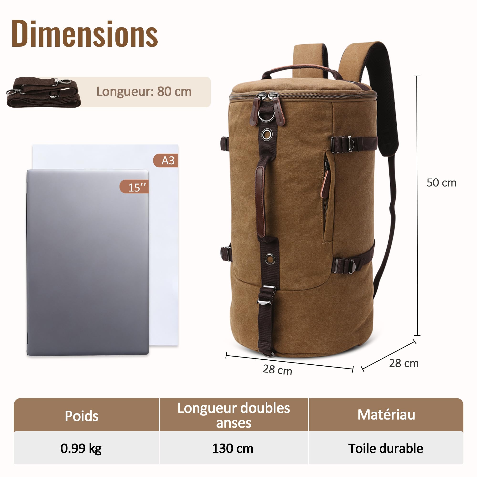 Vintage Sac à Dos Homme Grande Capacité Convertible Sac de Voyage avec Compartiment Caché Sac Week-End pour Voyage Randonnée Loisir Quotidien Extérieur Toile Homme Backpack Brun
