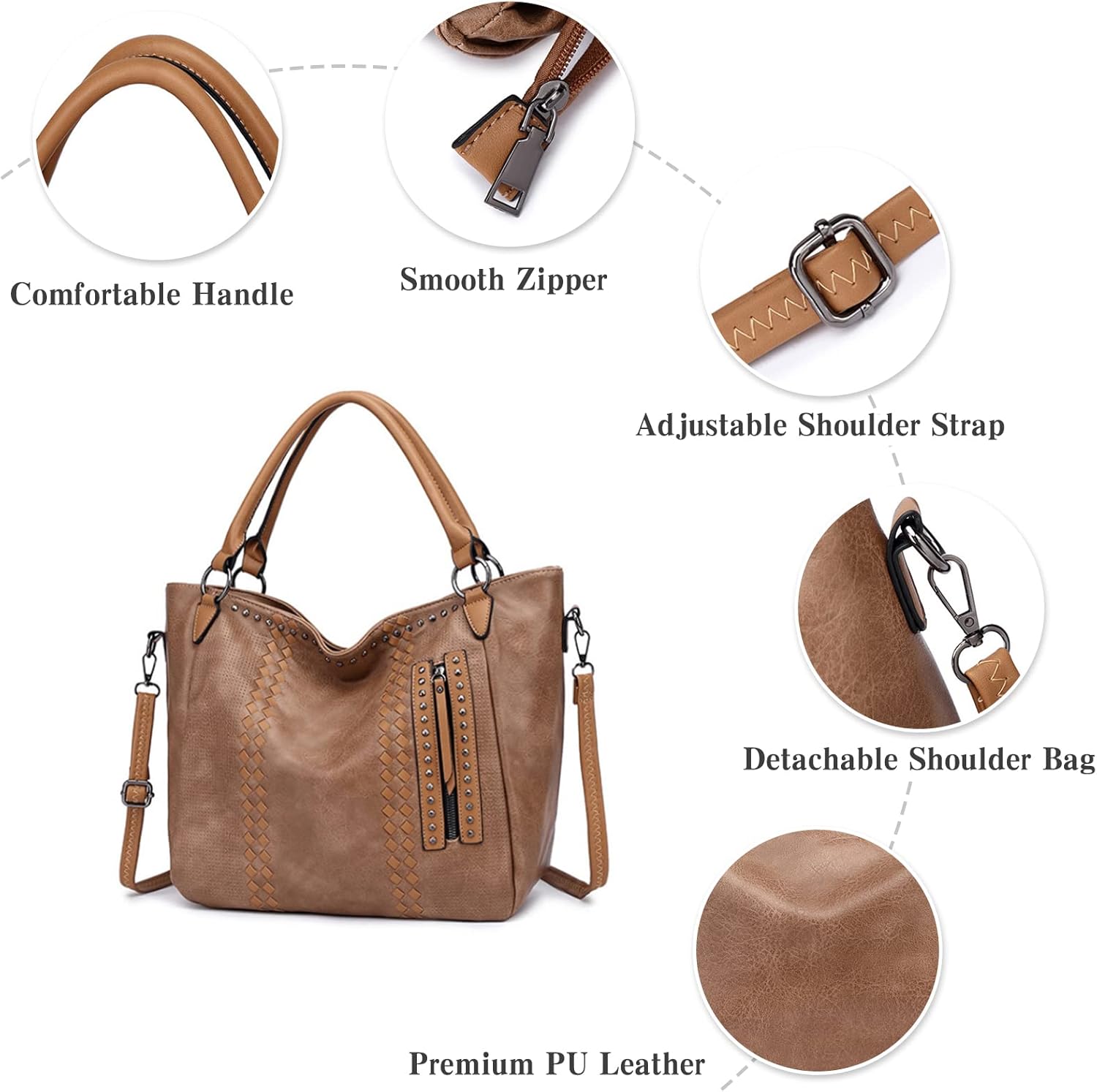 PORRASSO Fashion Tote Bag - Women's Large Top-Handle Handbag - Brown PU Leather Messenger Bag for Travel, Work, Dating - Image 4