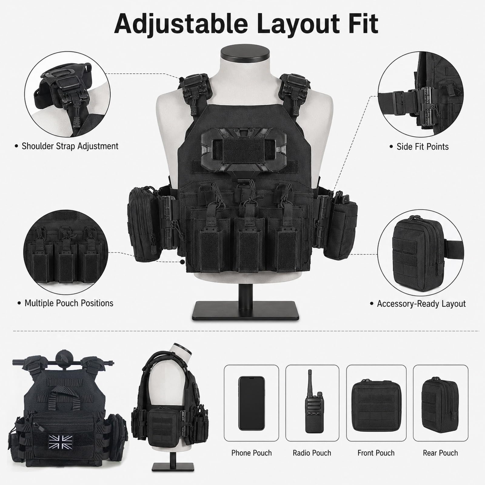 Genérico Arnes de Carga Modular Kit, Chaleco de Pecho Airsoft Ajustable | Incluye Base Bolsa Triple Panel Navegacion Bolsa Smartphone Bolsa Radio y Bolsa Trasera de Carga Utilidades