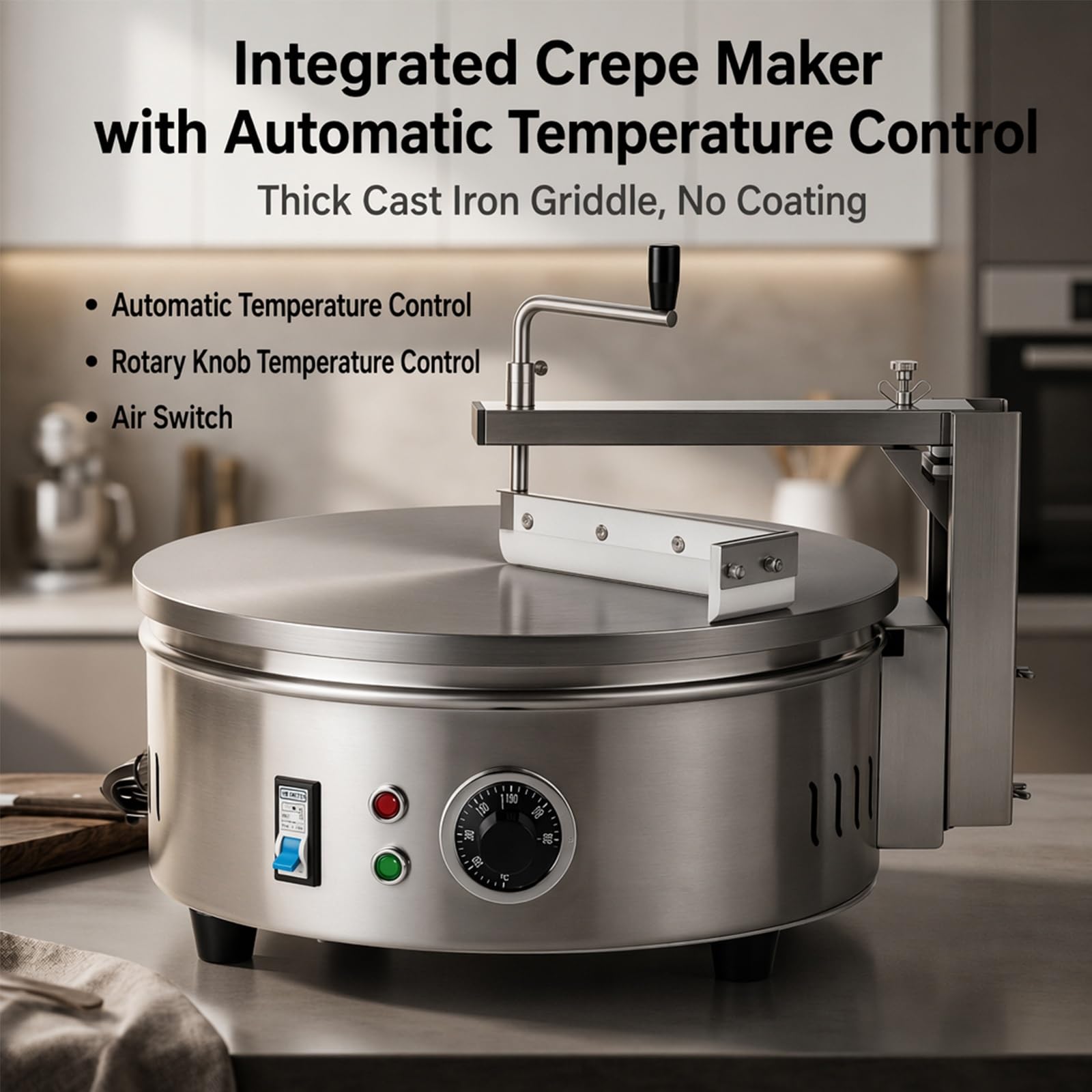 Máquina eléctrica Comercial para Crepes y panqueques de 220 V con 7 Herramientas auxiliares, Plancha Antiadherente de Acero Inoxidable de 40 cm, Temperatura Ajustable