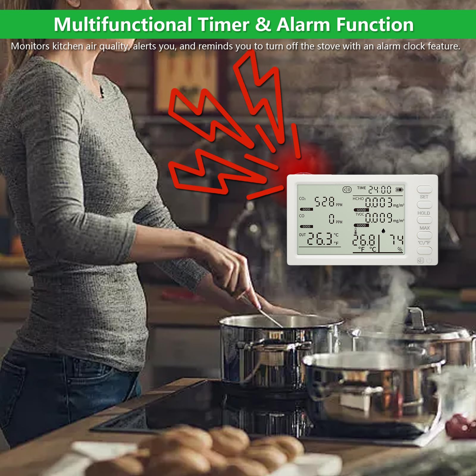 Detector de calidad del aire y termómetro de carne con sonda larga, CO, CO2, HCHO, TVOC, humedad, tiempo y monitor de temperatura ambiente, temporizador de cocina, lectura instantánea de
