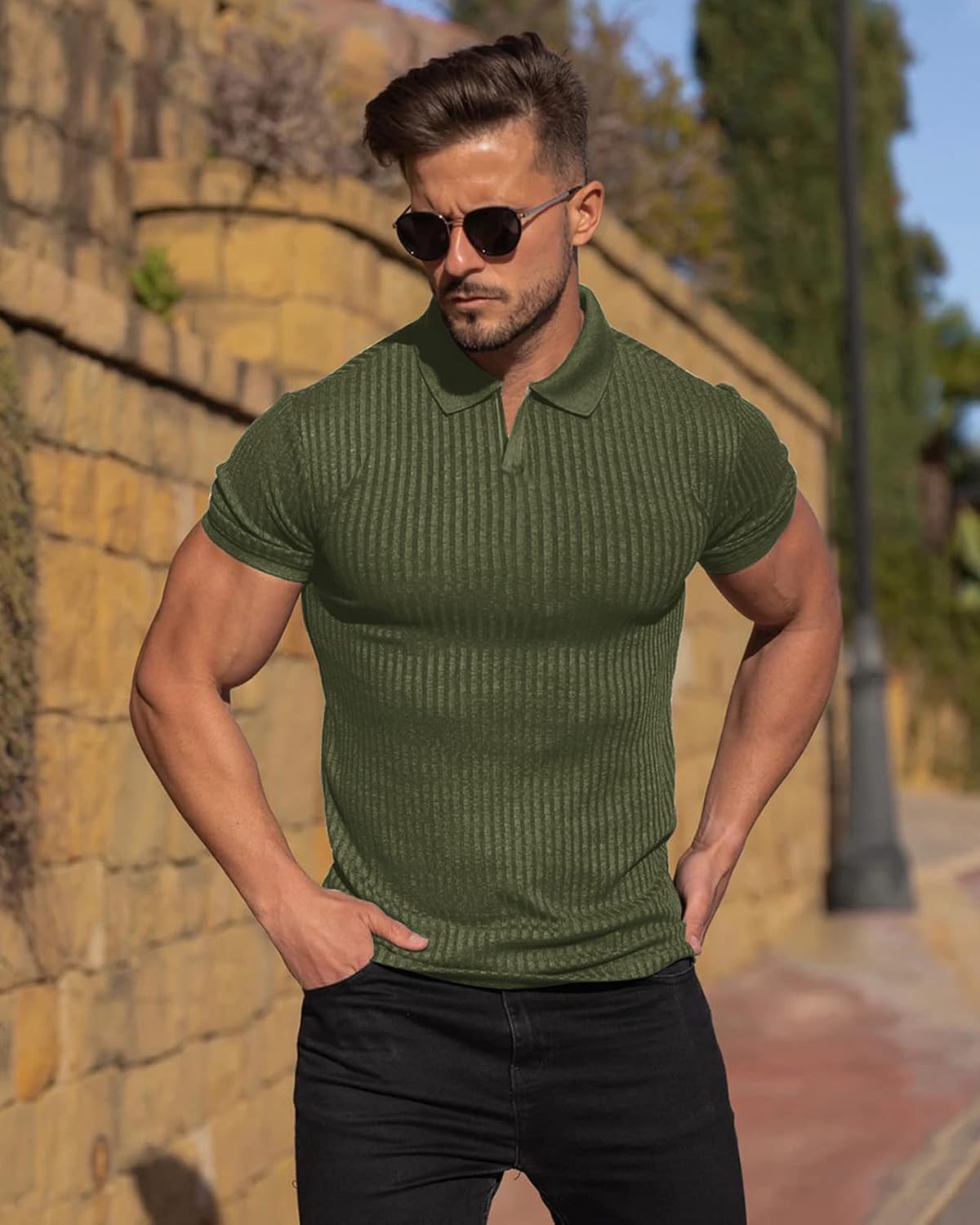 Collared Muscle Shirts for Men Ribbed Knit Slim Fit Polo Shirts Short Sleeve, Mens V Neck T Shirts Casual Stylish - Image 3