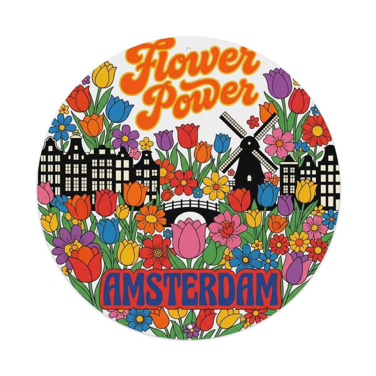 Vintage Travel Amsterdam Flower Power Metal Tin Sign Plaque Wall Decor for Cafe, Club, Garden Round Metal Poster 8x8Inch