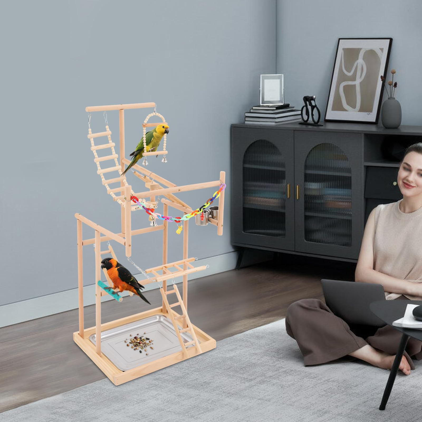 Cavalletto per pappagalli, parco giochi per uccelli, 48 x 33,5 x 94,5 cm, in legno naturale, con ciotola per mangime e supporto per pappagalli, parrocchetti