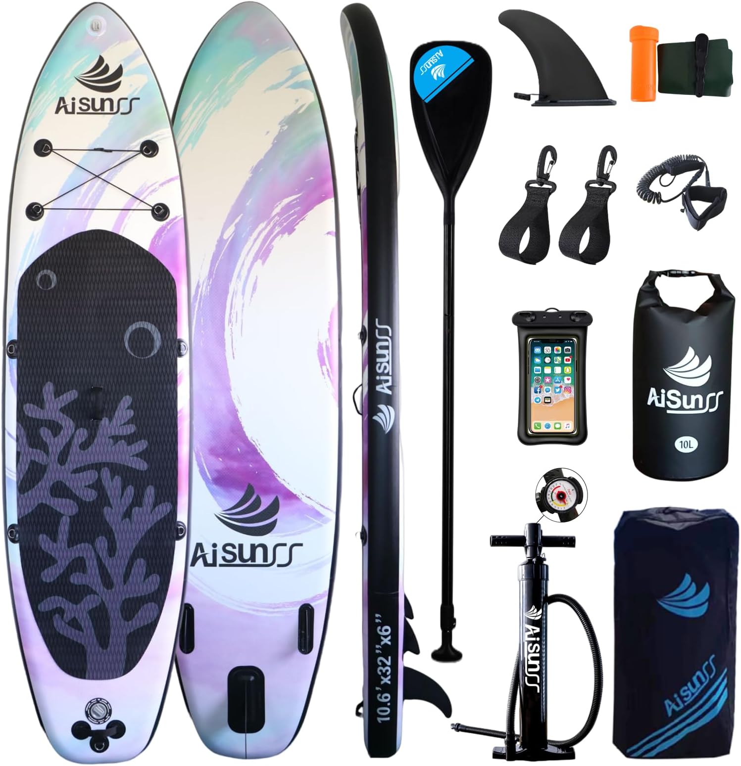 AISUNSSInflatable Stand Up Paddle Boards with Premium SUP Paddle Board Accessories, 10L Waterproof Dry Bag Wide Stable Design,Extra Paddle Buckle Non-Slip Comfortable Deck for Youth & Adults