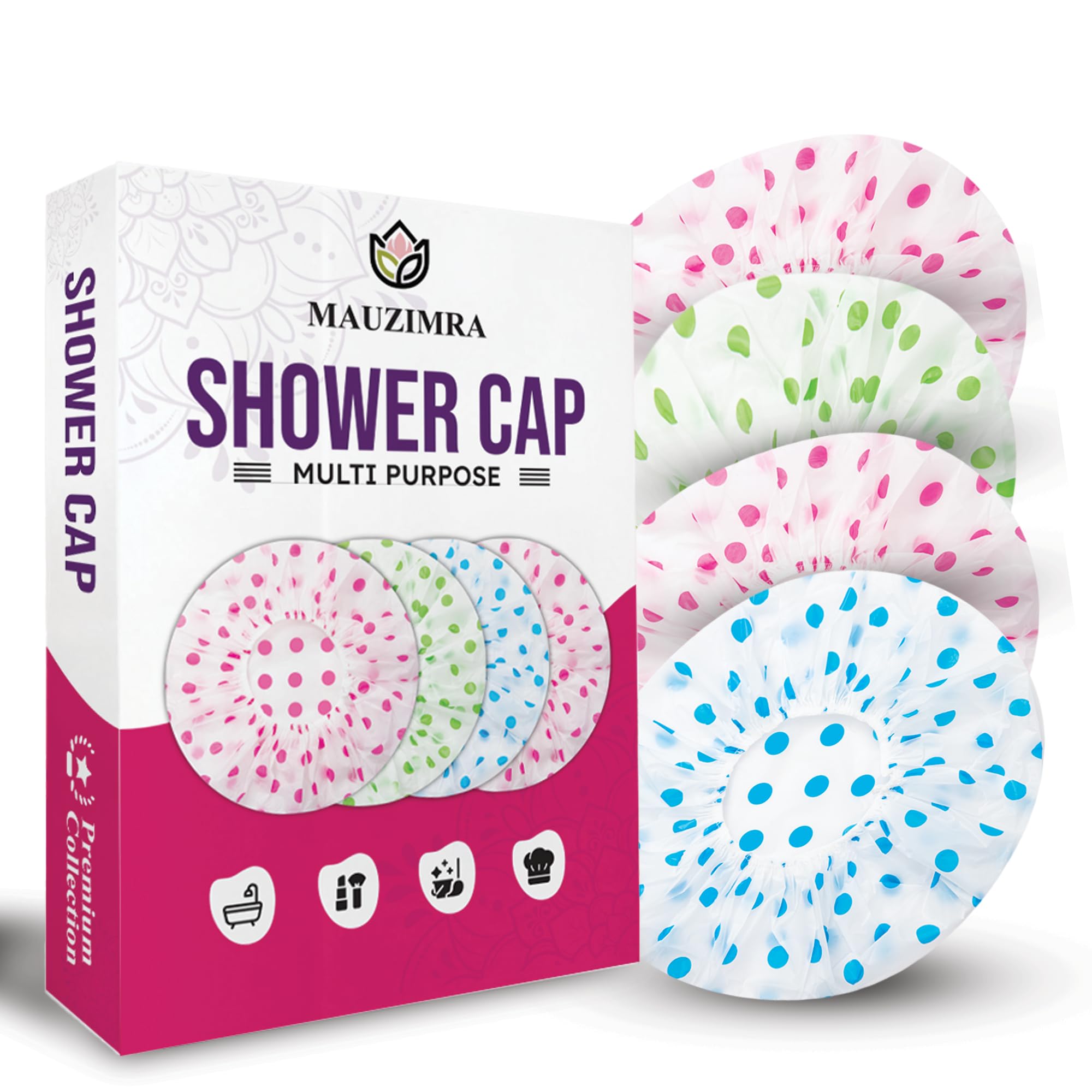 4 Pack Shower Caps for Women/Men, Light Weight Plastic Shower Caps for Women UK 30cm Width with Premium Quality Elastic, Perfect for Use at Home, and Spa by MAUZIMRA