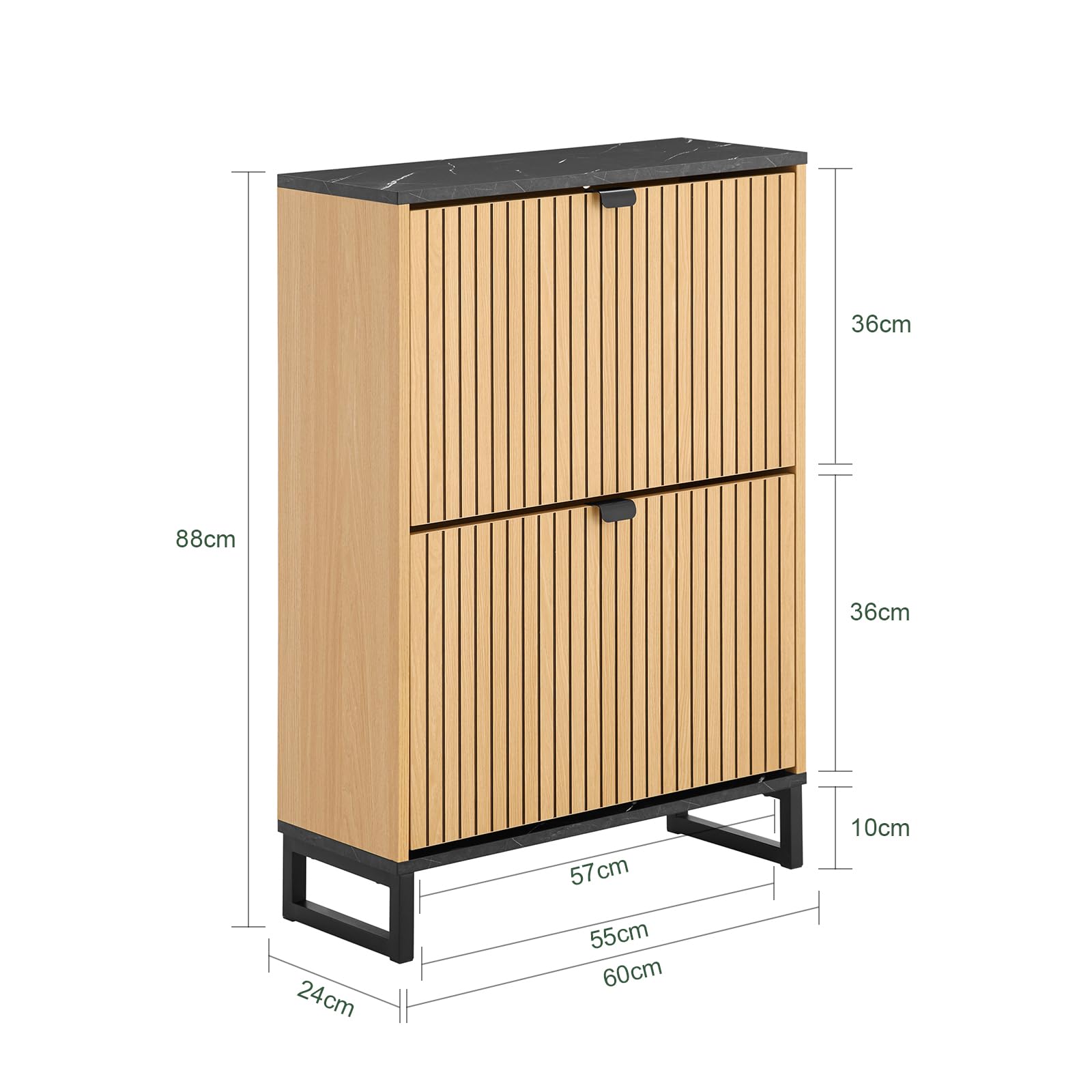 SoBuy Smalle schoenenkast voor entree, schoenenkast met 2 kleppen en zijdeur, schoenenopslag, Scandinavisch design, compact, zwart, licht hout, 90 x 24 x 88 cm, FSR203-N