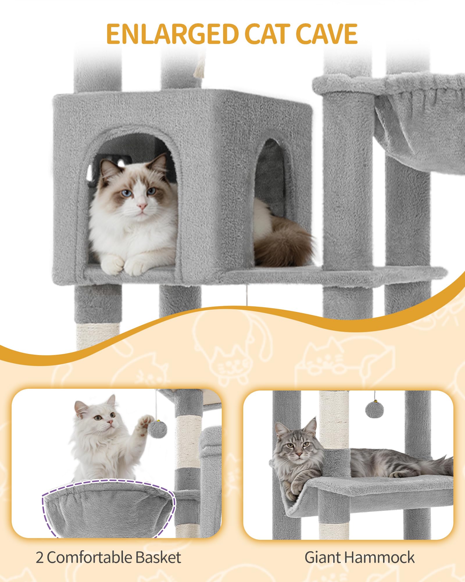 Hzuaneri Albero Tiragraffi Grande per Gatti, Torre per Gatti da Interno 213 cm con 2 Grandi Piattaforme, 2 Grotte, 2 Ceste, Amaca e 5 Pali, per Tutte le Razze di Gatti, Grigio Chiaro, MS21318LG