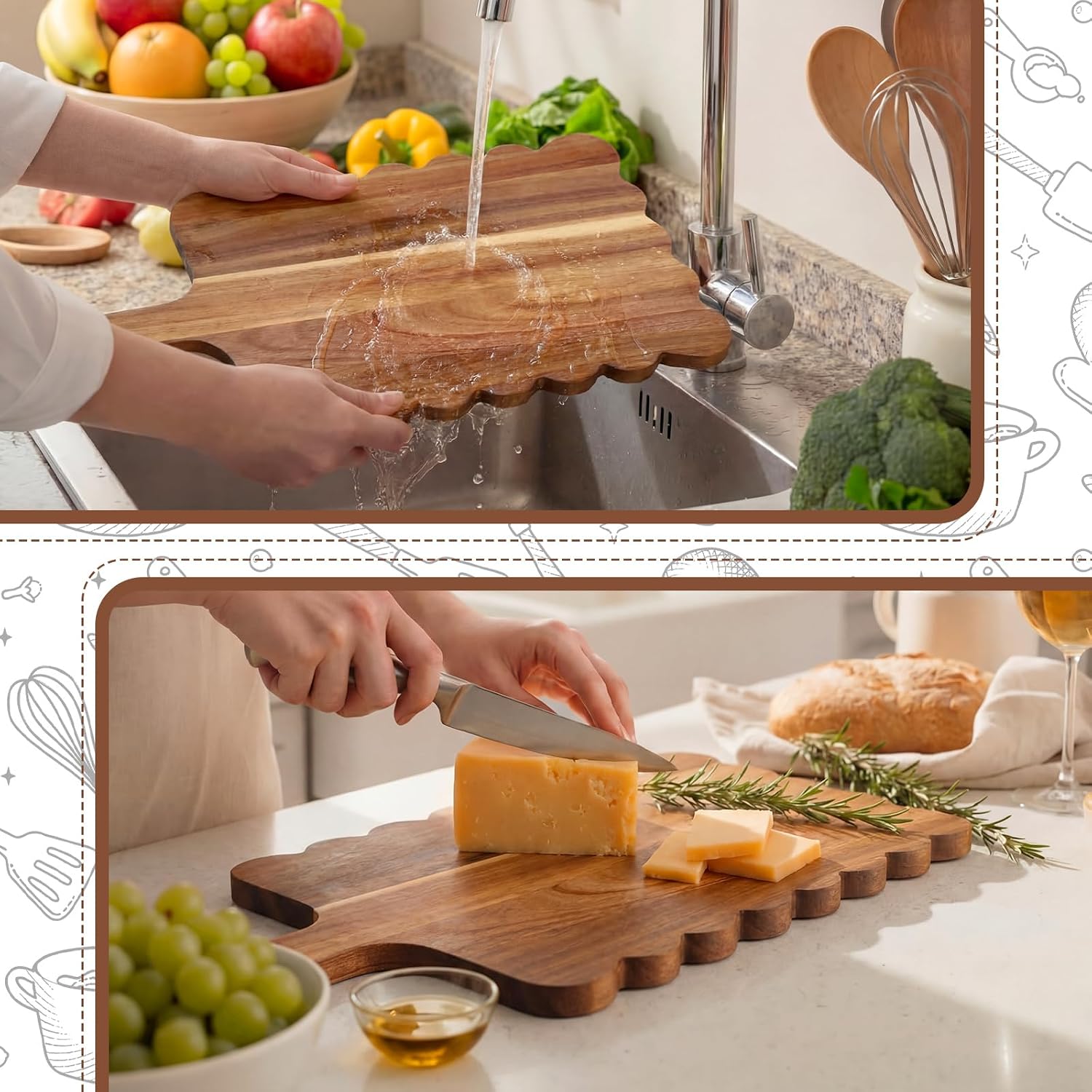 6 Pcs Acacia Wood Scalloped Cutting Boards Set with Handle 17 x 10 Inches Wooden Charcuterie Cutting Board for Kitchen Laser Engraving DIY Housewarming Cheese Meat Fruit Bread Chopping