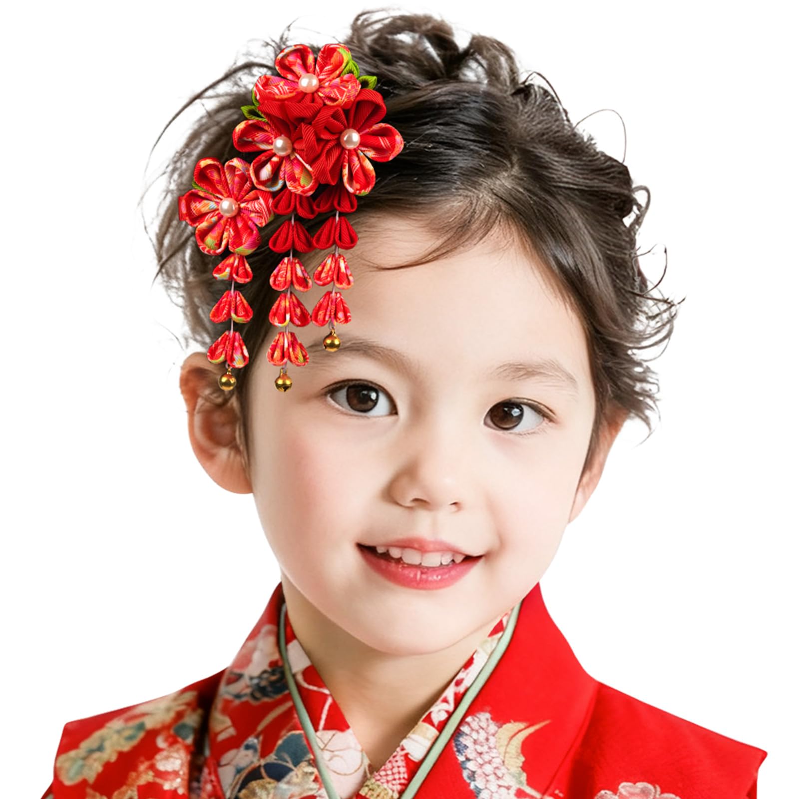 Tsumami Craft Hair Ornament Red Floral Clip Bell Shichi-Go-San Kimono