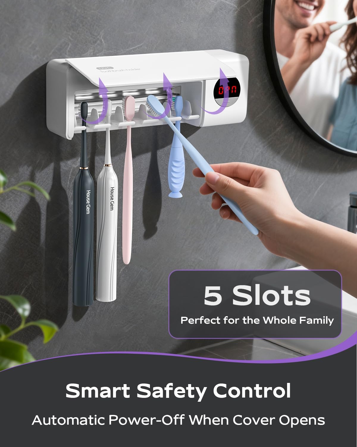 HouseGem Toothbrush Holder, Timer Function, 2000mAh Rechargeable Cordless Wall-Mounted Bathroom (White) - Image 5