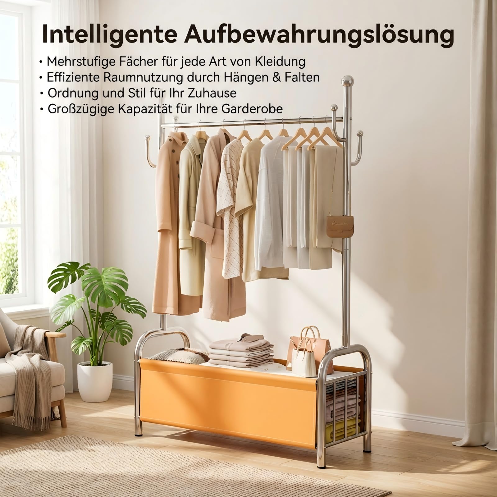 Appendiabiti da Terra con Ruote in Acciaio Inox, Stand Appendiabiti con Cesto Portaoggetti, Barra Appendiabiti Stabile, 3 in 1 per Organizzazione Vestiti, Portata fino a 115 kg