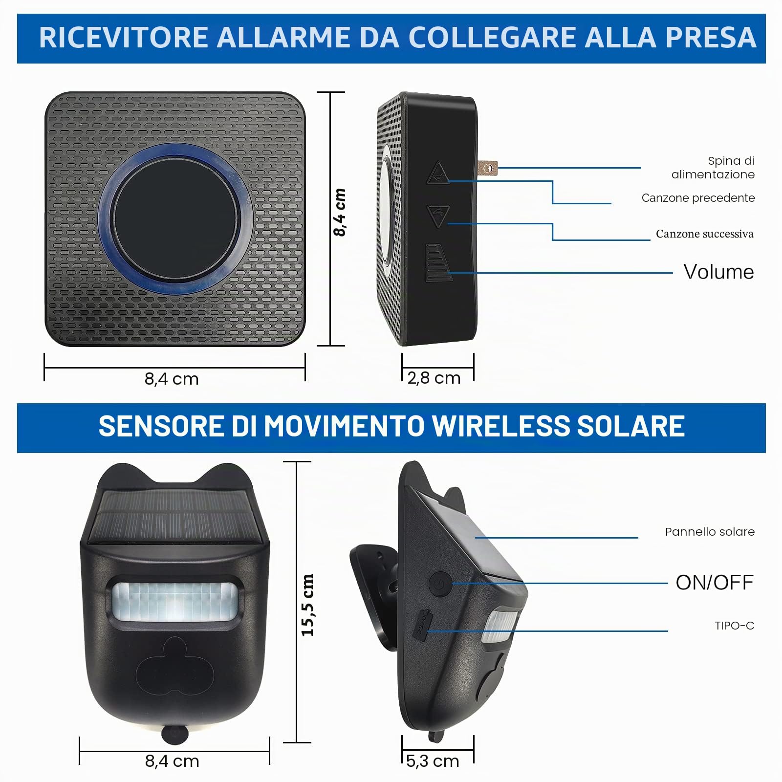Allarme solare senza fili per vialetto esterno, resistente alle intemperie, rilevatore di movimento, campanello per porta, sistema di allarme di sicurezza fai da te (2 sensori e 1 campanello)