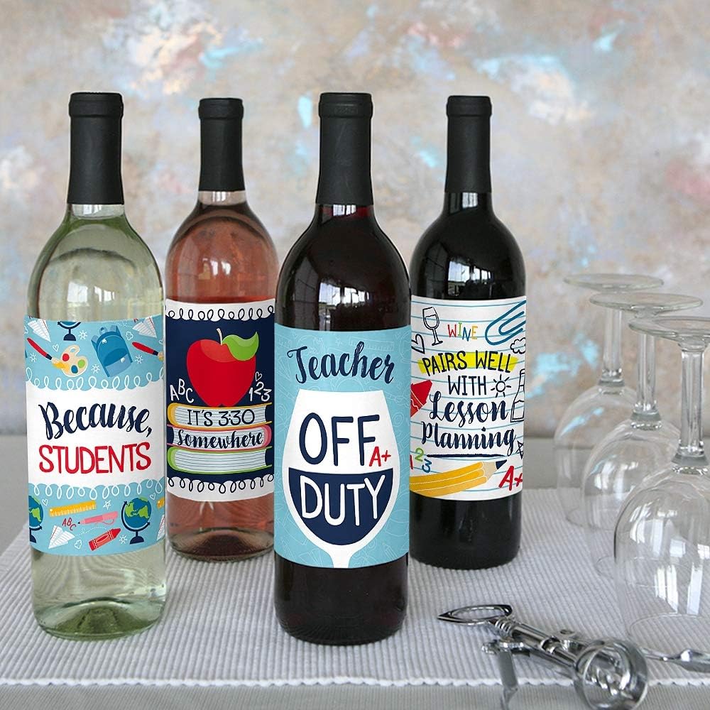 Big Dot of Happiness Back to School - First Day of School Teacher Appreciation Decorations for Women and Men - Wine Bottle Label Stickers - Set of 4