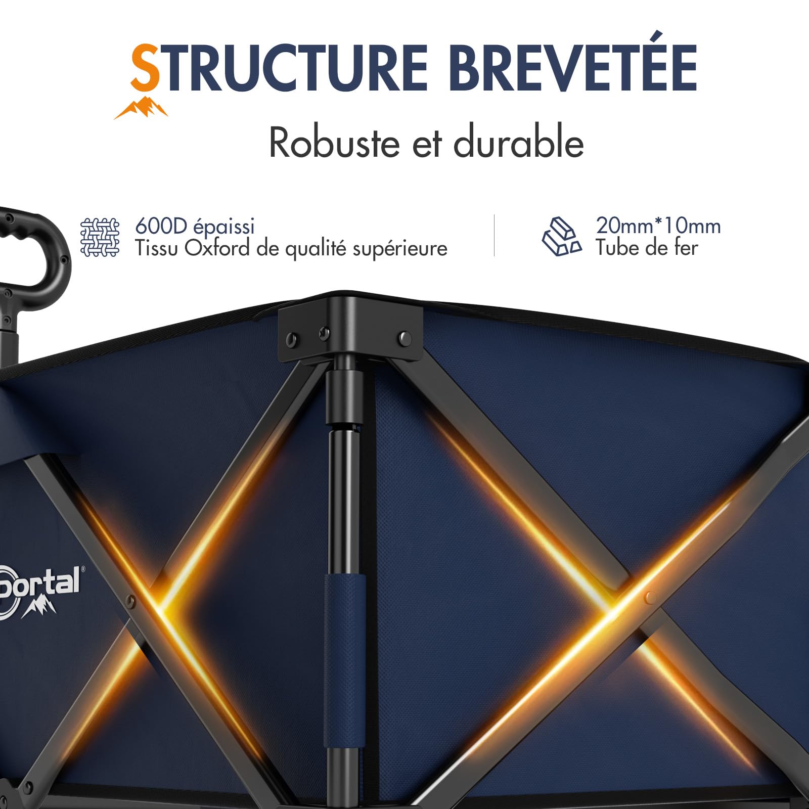 PORTAL Chariot de Plage Pliable avec Frein, Chariot de Transport à roulettes Tout Terrain Poignée Réglable, Charrette pour Extérieur Camping Pique-Nique, Roues Amovibles de 20 cm