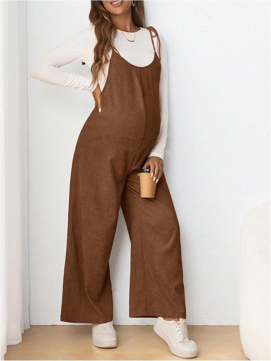 OYOANGLE Women's Maternity Wide Leg Overalls U Neck Spaghetti Strap Pregnancy Jumpsuits - Image 5