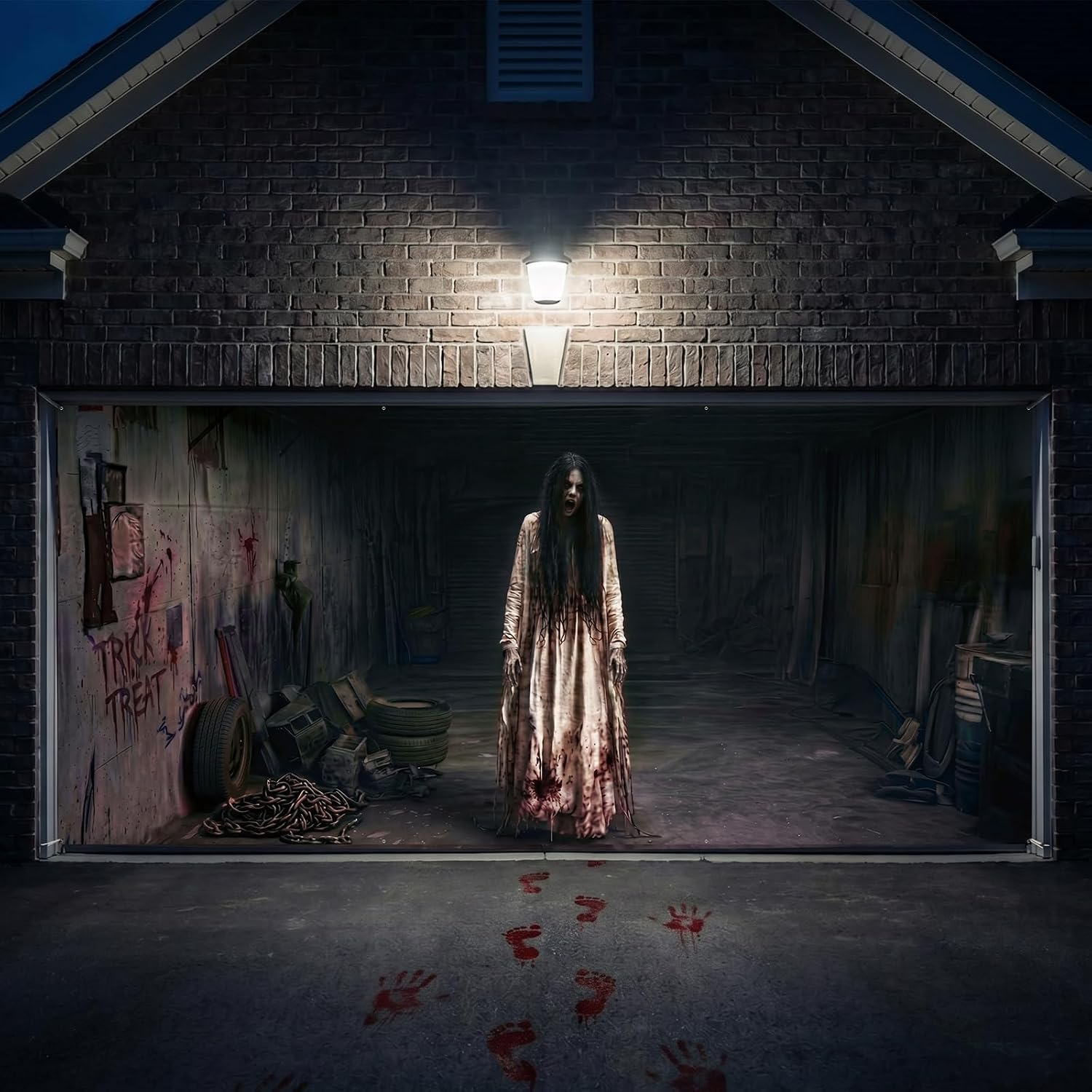 Halloween Garage Door Banner 16x7 Ft, 3D Spooky Scary Halloween Decorations Outdoor Indoor, Haunted House Party Background Cover for Double Car Garage, Large Horror Women Ghost Wall Decor