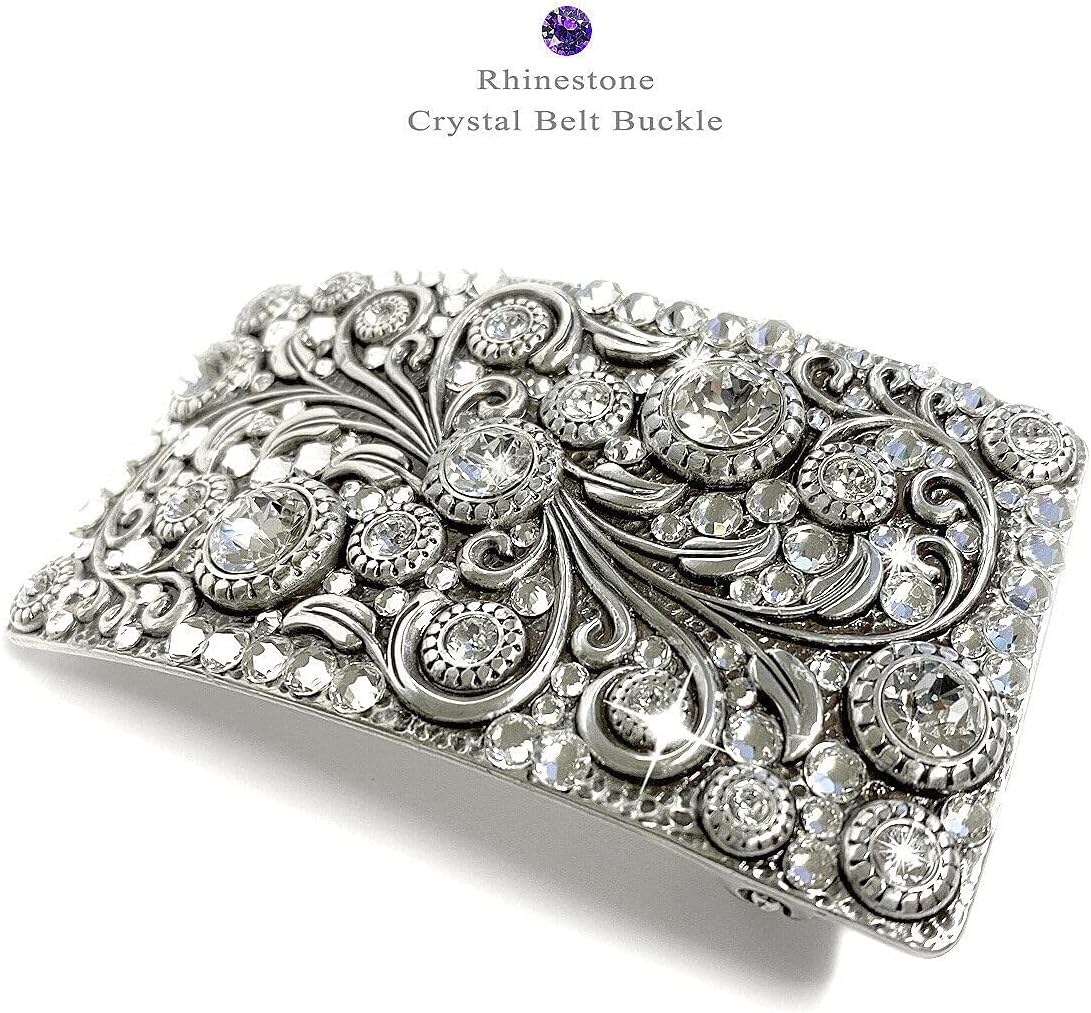 HA0850 Rhinestone Crystal Belt Buckle Antique/Brass Rectangle Floral Engraved Buckle - Image 3