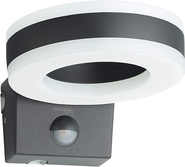 Oktaplex lighting Lampa zewnętrzna LED z czujnikiem ruchu Porto 15 W | lampa zewnętrzna IP65 antracyt | oświetlenie zewnętrzne domu na zewnątrz ściana ścienna 3000 K ciepła biel