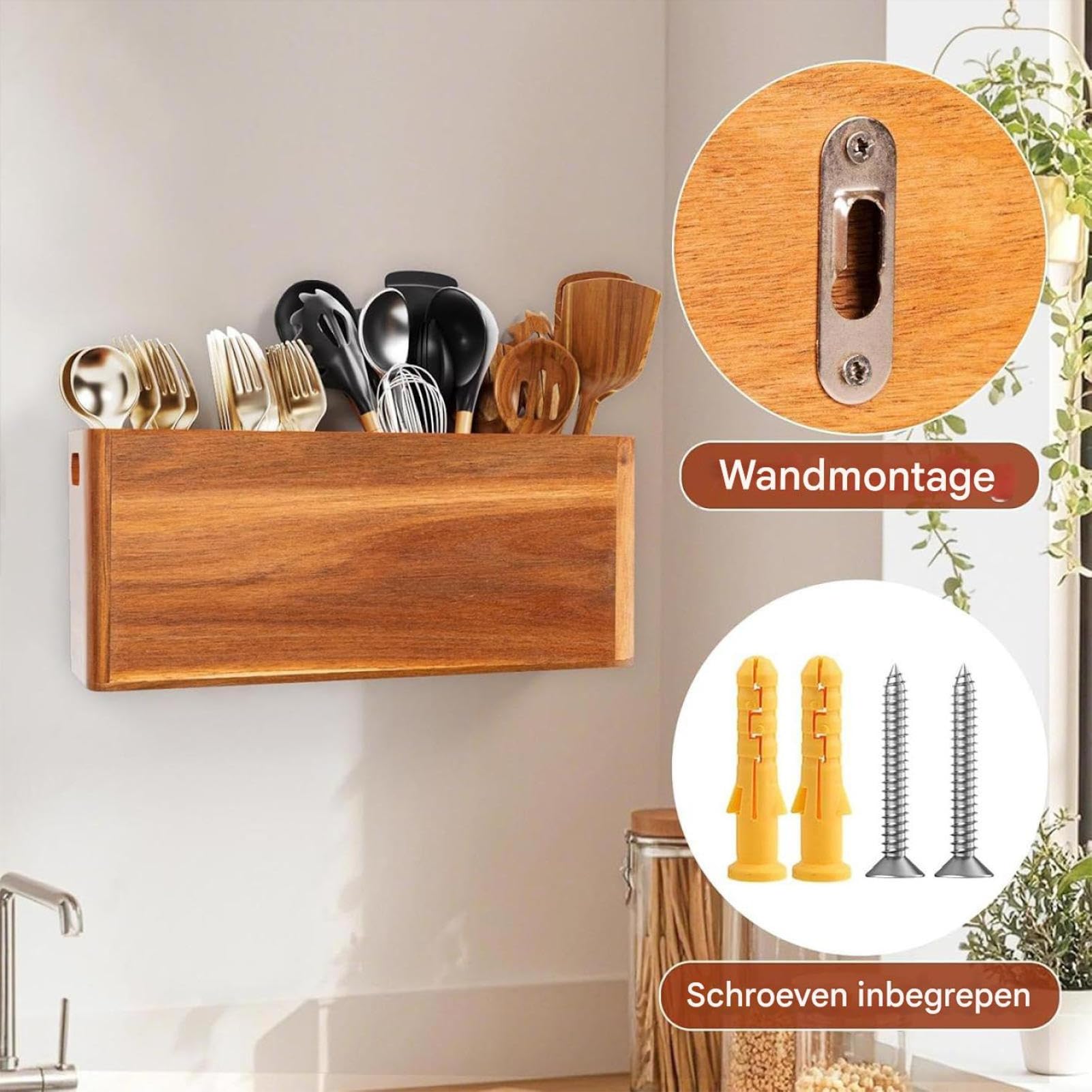 Portaútensiles De Cocina Compartimento Madera Rústico Antideslizante | Organizador De Madera Para Cocina Para Cubiertos Cuchara Espátula Utensilios Para Cocinar Estilo Rústico