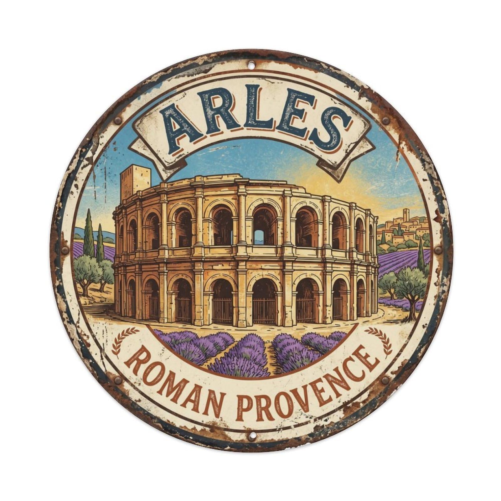 Vintage Travel Arles Roman Amphitheatre Metal Tin Sign Plaque Wall Decor for Cafe, Club Bar, Office, Home Garden Round Metal Poster 8x8Inch