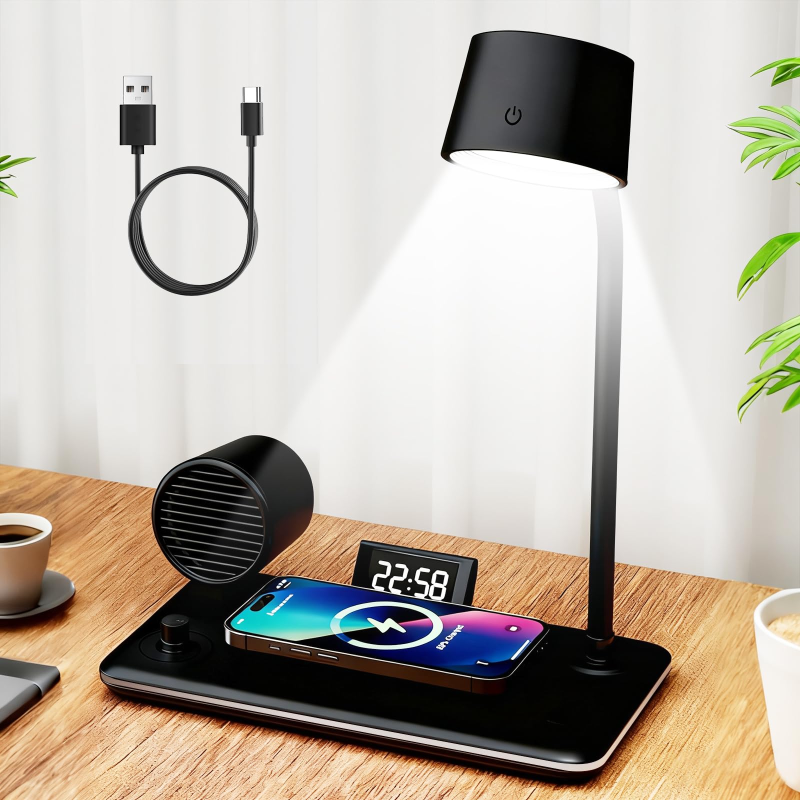 LTXDJ Desk Lamp with Wireless Charging, Dimmable LED Reading Lamp with Bluetooth Speaker and Alarm Clock, Touch Contro Study Lamps Table Lights for Studying Working and Relaxing (Black)