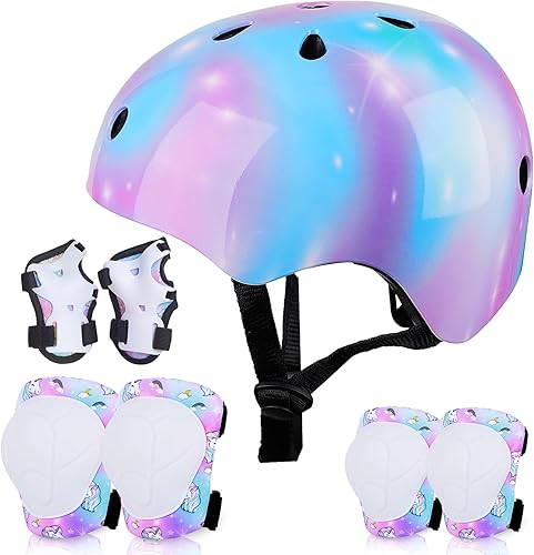 FIODAY Rodilleras de casco para niños, rodilleras y coderas, muñequeras, juego de equipo de protección ajustable para niñas, niños, patineta,
