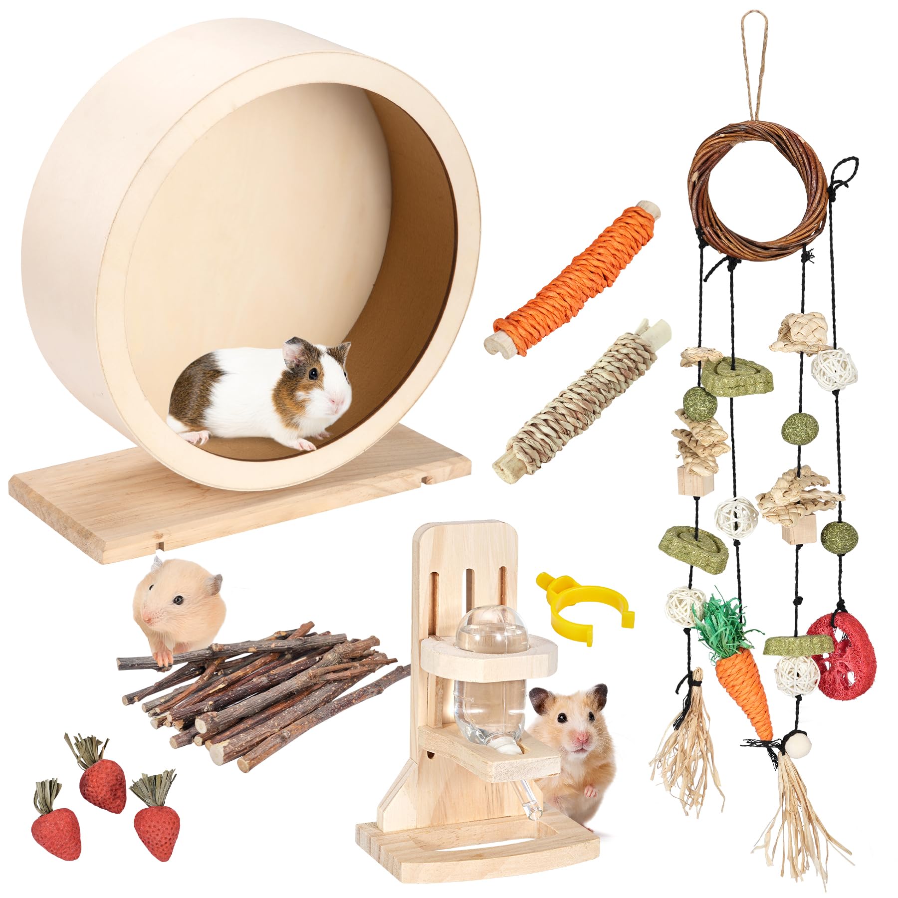 antiai 9.8 Inch Wooden Hamster Exercise Wheel Set,Silent Wheel Quiet Spinner Hamster Running Wheels,Hamster Water Feeder Accessories Chew Toys for
