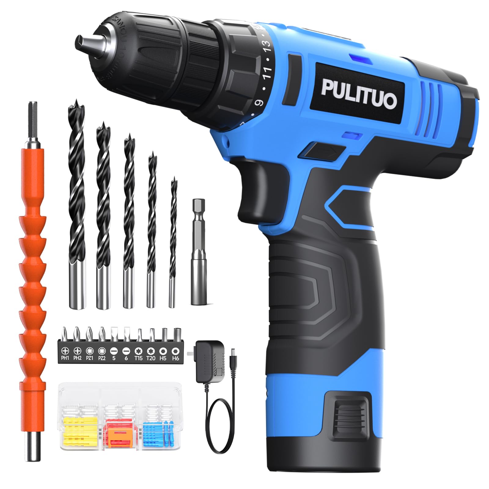 PULITUO 12V Blue Cordless Drill Set - Power Drill Kit with Battery and Charger, 3/8-Inch Keyless Chuck, Built-in LED, 21+1 Torque Setting