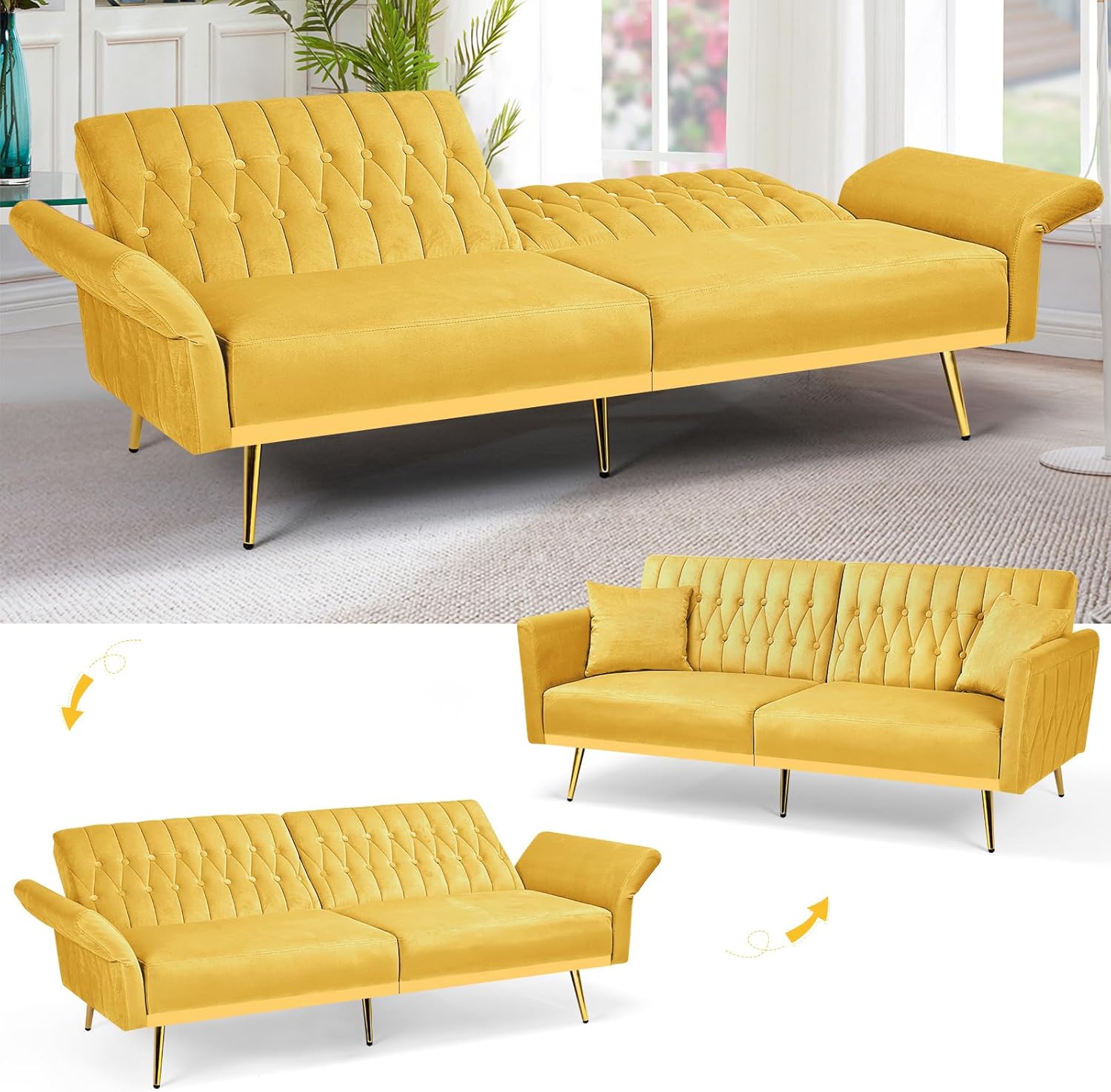 70” Velvet Futon Sofa Bed w/Adjustable Armrests & 2 Pillows, Convertible Futon Couch w/Adjustable Backrests, Modern Sleeper Bed for Living Room, Bedroom, Yellow