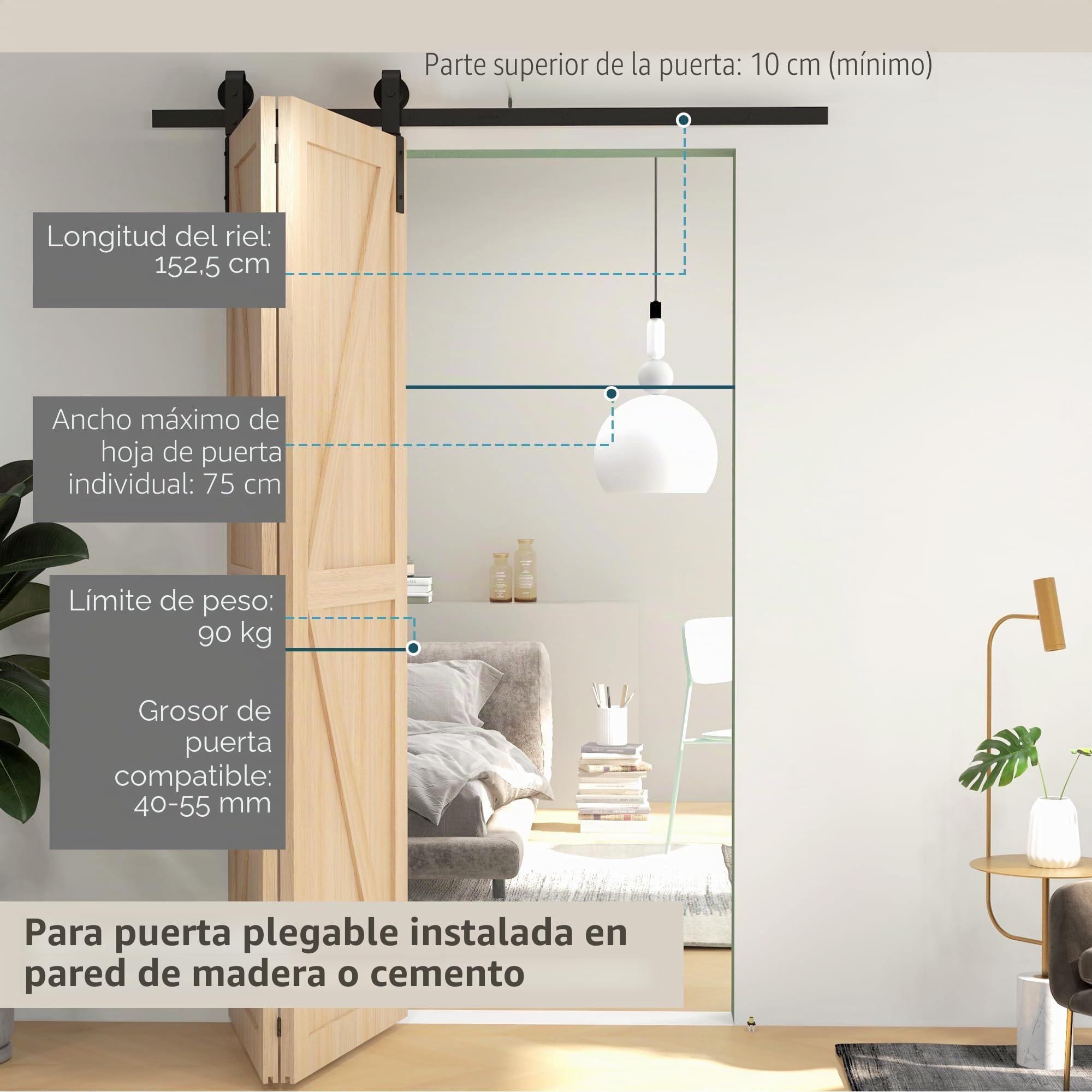 HOMCOM Kit de riel para puerta corredera plegable 5FT/153CM pesado | Kit de puerta corredera, para 2 puertas, colgador en forma de J