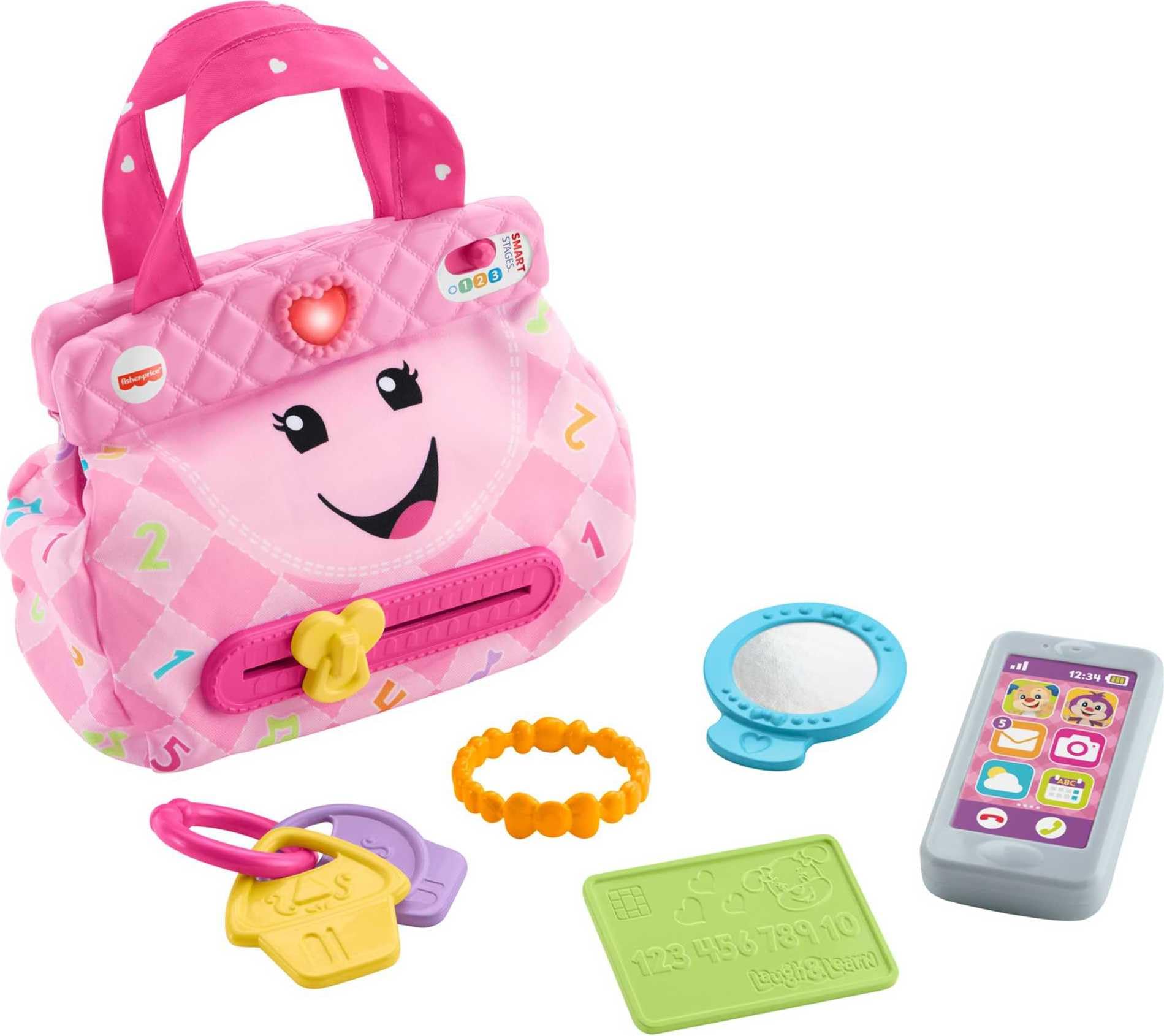 Fisher-Price Smart Purse Learning Toy with Lights and Smart Stages Educational Content for Baby and Toddler Dress Up, Pink​
