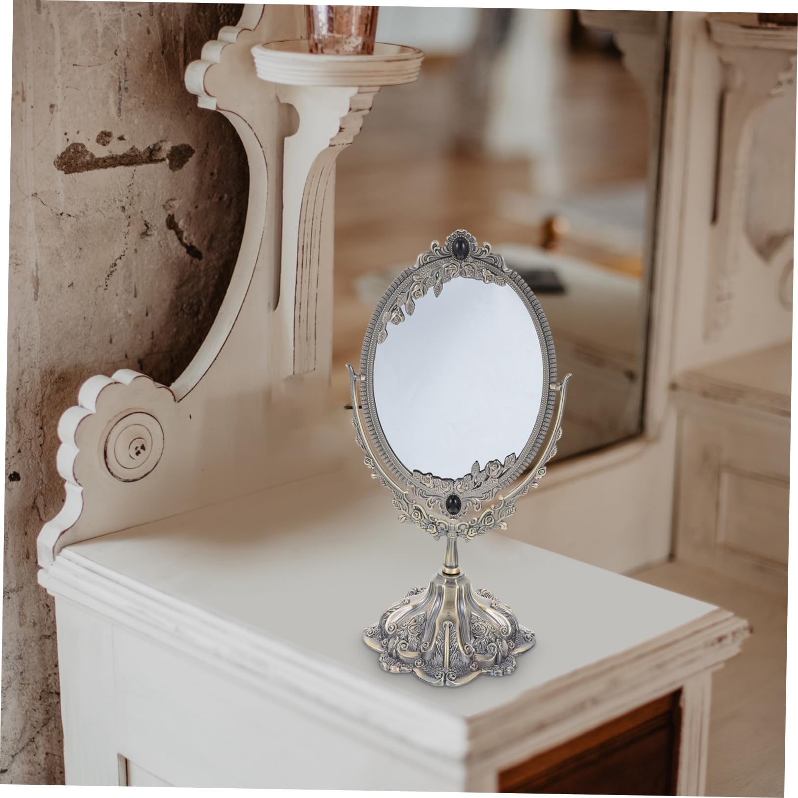 Baluue Doppelseitiger Tischspiegel aus Zinklegierung, Drehbar, Vintage | Make Up und Hochzeit, Flacher Standfuß für Stabile Platzierung, Europäischer Stil mit Hoher Definition