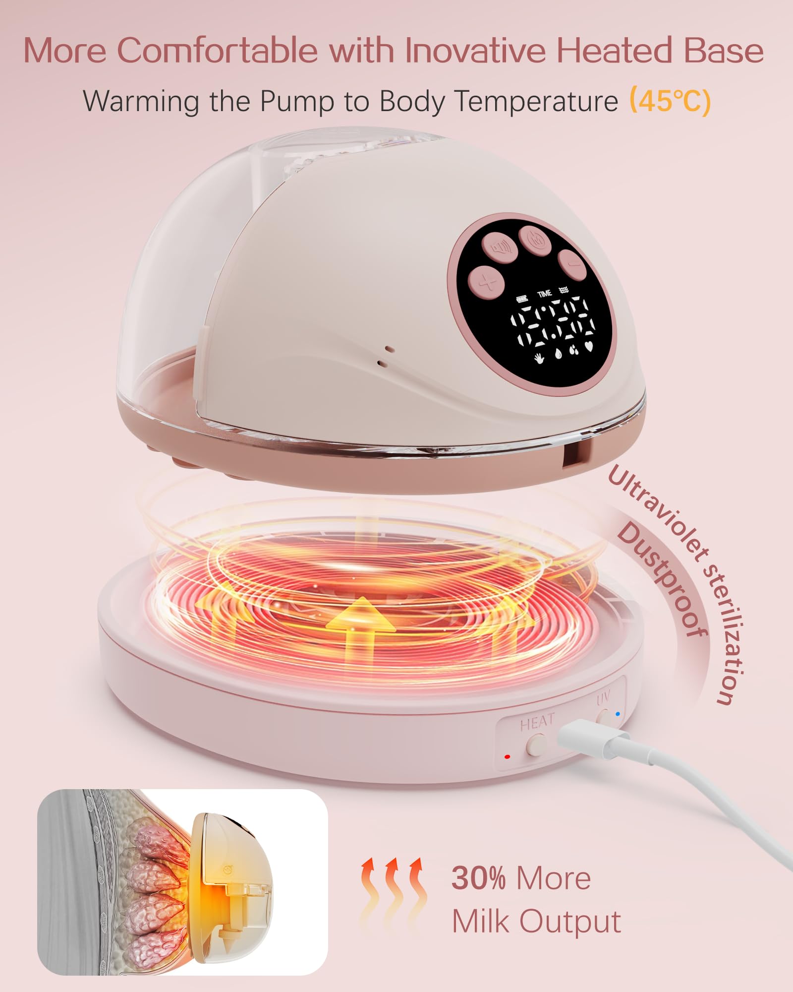 Heated Wearable Breast Pump, Electric Hands-Free Breast Pump with Voice Reminder & Auto-Stop Fuction, 6 Modes/12 Levels Hospital Grade Suction with 3 Flange Sizes, Ultra-Slim for in-Bra Use, 2 Pack