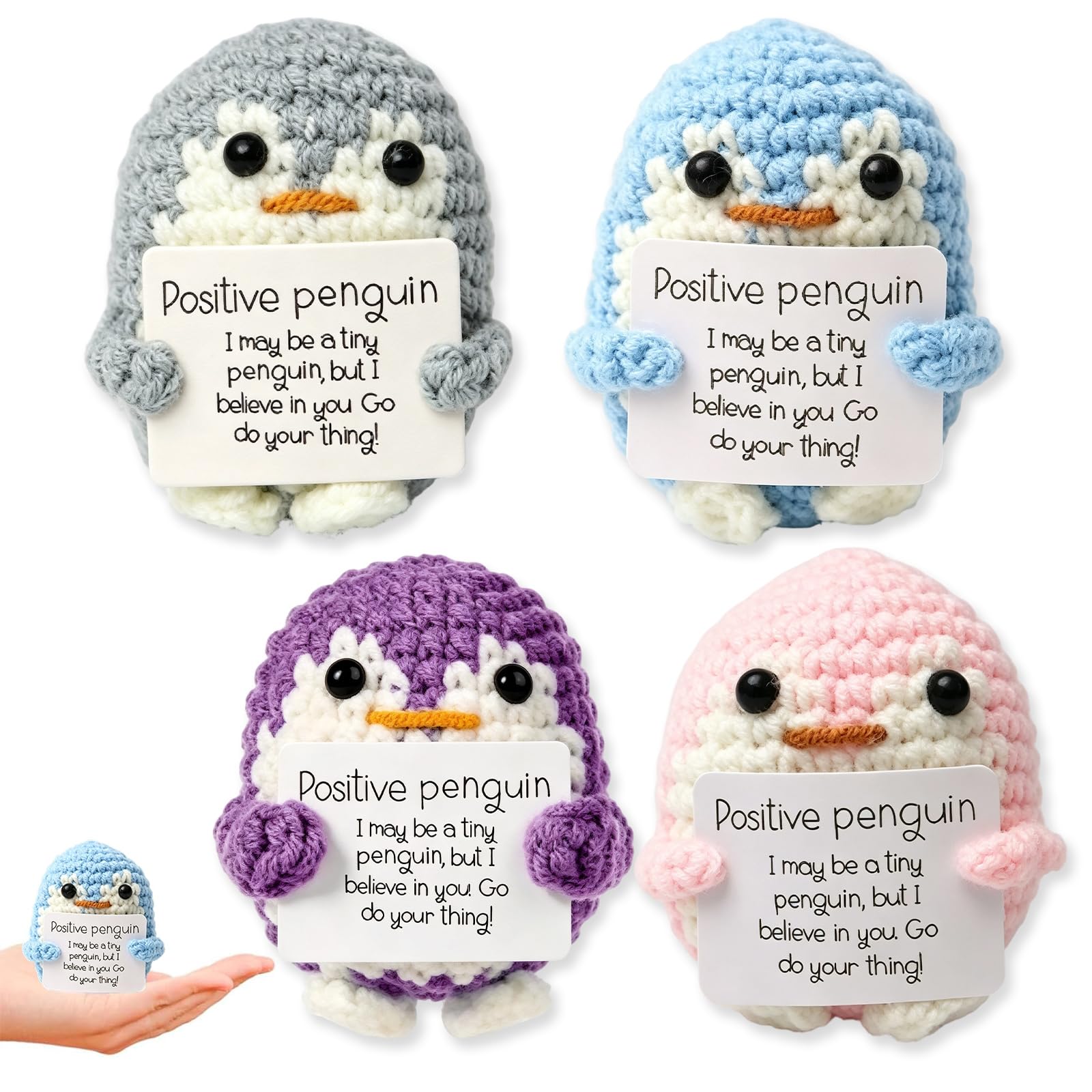 WORUIB 4 PCS Positive Penguin Crochet Animals, Soft Crochet Penguins, Desk Companions, Stress Relief Gifts, Study Motivation, Emotional Support Animals, 6.5 cm Size, Pink, Gray, Blue, Purple