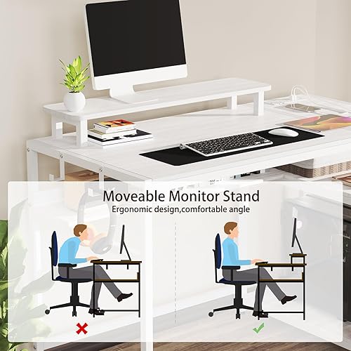 Miniatura 6 de Escritorio blanco para juegos de 48 pulgadas con luces LED y tomas de corriente, escritorio de computadora con estantes y soporte para monitor,