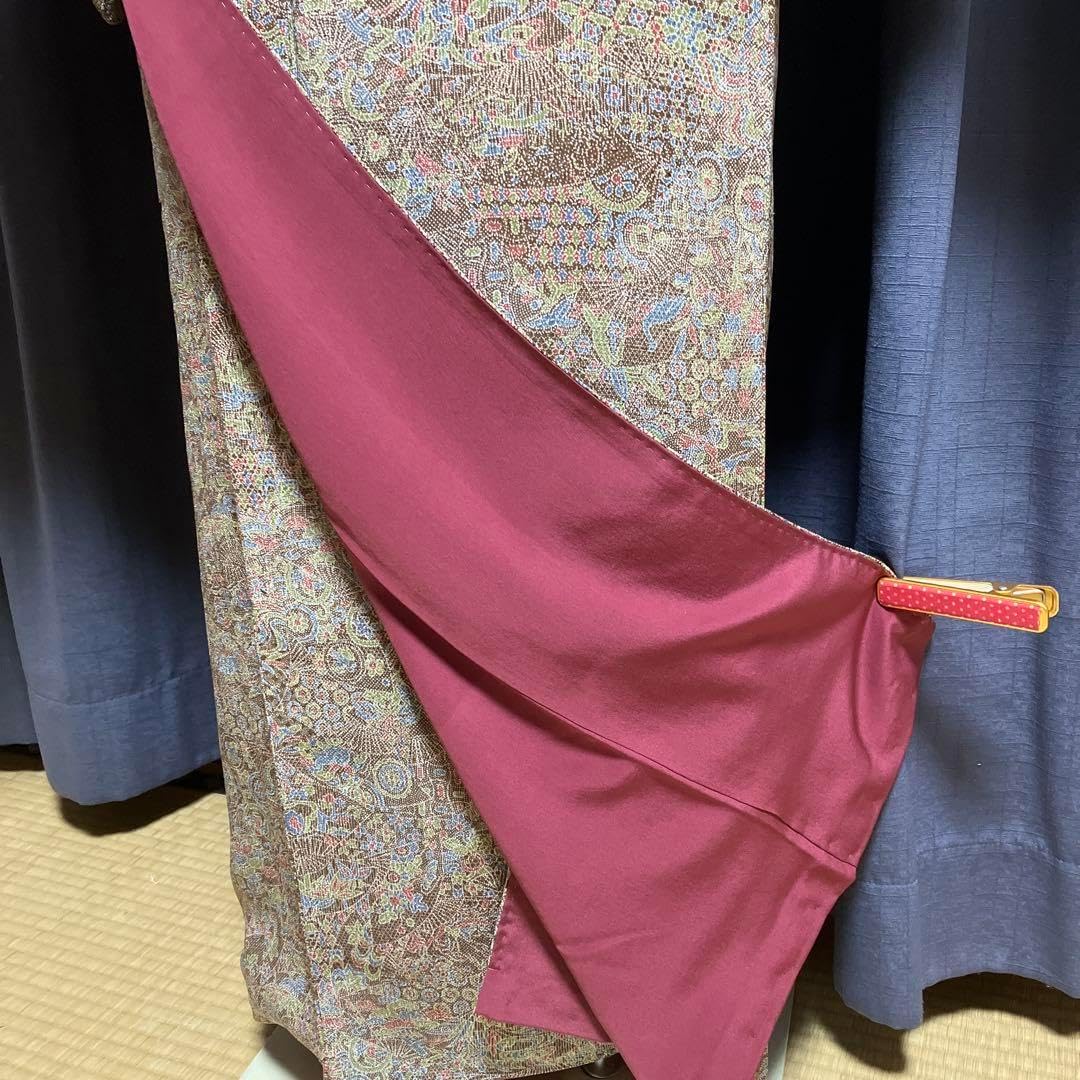 小紋 着物 帯セット 着物 正絹 更紗模様 S〜M ファッション