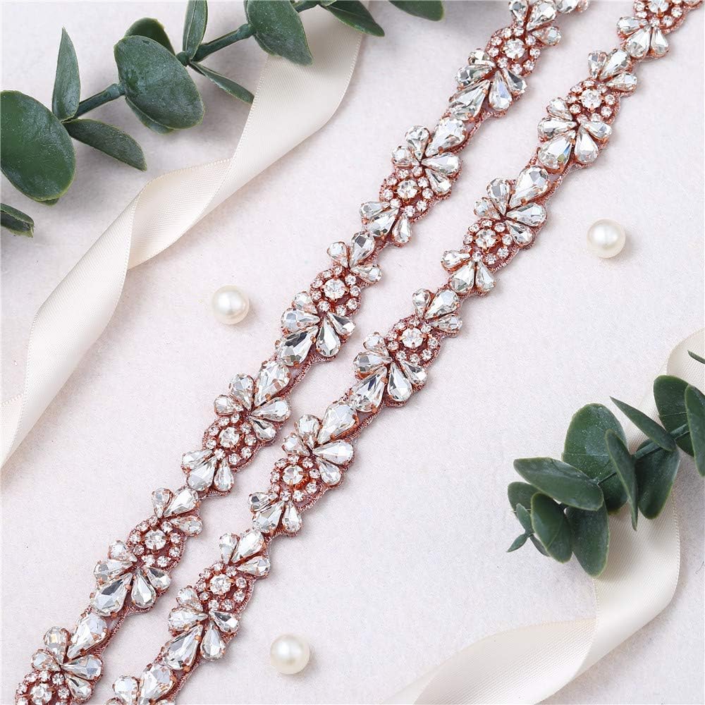 Bridal Wedding Dress Applique,Crystal Rhinestone Belt,Wedding Sash,Applique Beaded Decorations Handcrafted Sparkle Sewn or Hot Fix for Women Gown Evening Prom Sash Clothes (Rose Gold043)
