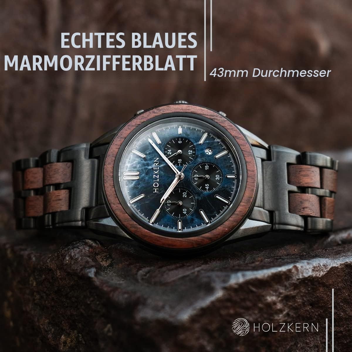 HOLZKERN Herren-Chronograph Quarz Space Dust Walnuss/Marmor 9120078339282 | Herrenuhr aus mattiertem Edelstahl, Armbanduhr mit präzisem japanischem Quarzwerk