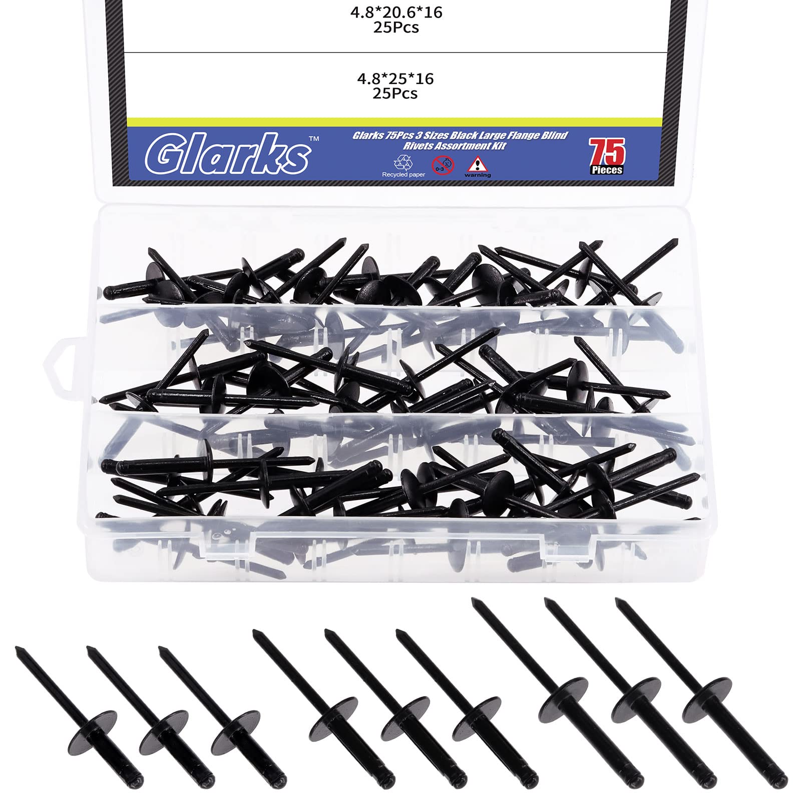 GLARKS G-1991 75Pcs 3/16 inch x 5/8 inch / 13/16 inch / 1 inch Black Large Flange Blind Rivets Pop Rivets Assortment Set for Joining Metal Plate Pipe Automotive