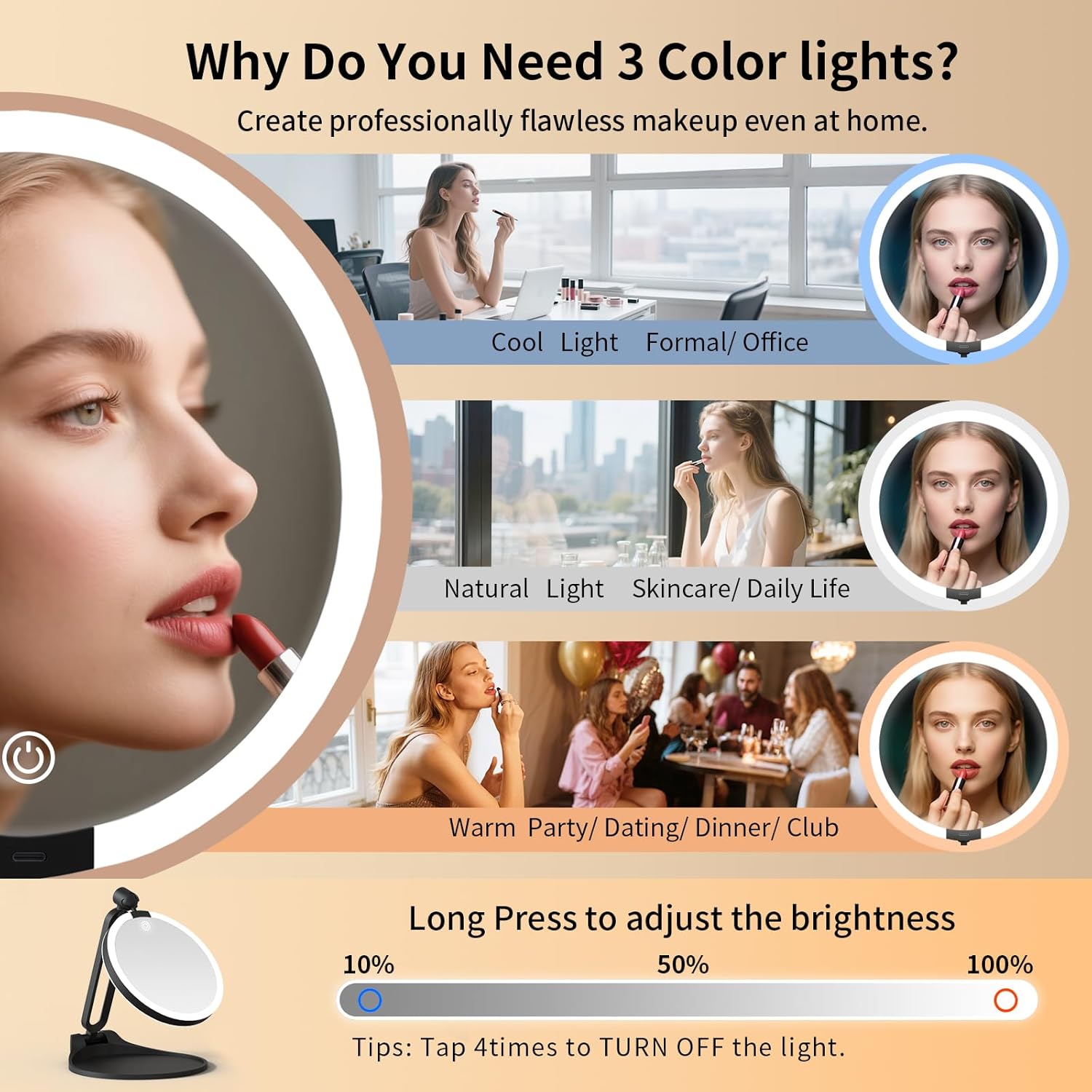 Magnifying Mirror with Light 30X/1X, Double Sided Travel Makeup Mirror with Lights and Magnification, 3 Colors Dimming Lighting, Rechargeable Large Size of 6inch, Foldable Design, 360°Angle Adjustable - Image 5