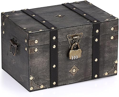 ELLDOO Cofre del tesoro de madera con cerradura, caja de recuerdos vintage de pirata para regalos de niños, caja decorativa de almacenamiento de